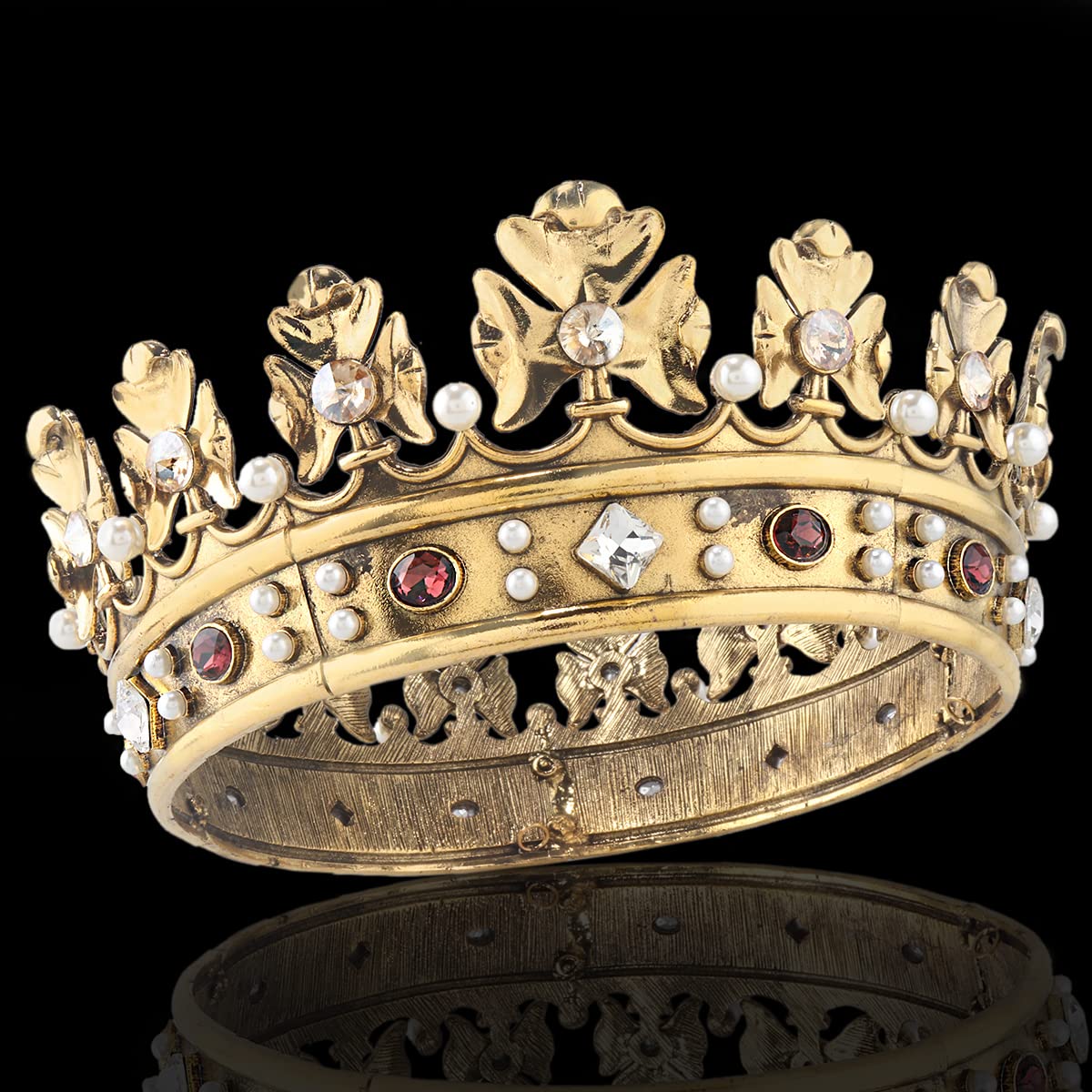YADIRF Baroque Royal Crown Men's Metal Prince Hair Crown Full Circle Birthday Party Hair Accessories For Halloween Costume Party Prom, Large Size 7.28" Diameter, Pearl, Rhinestone, Alloy