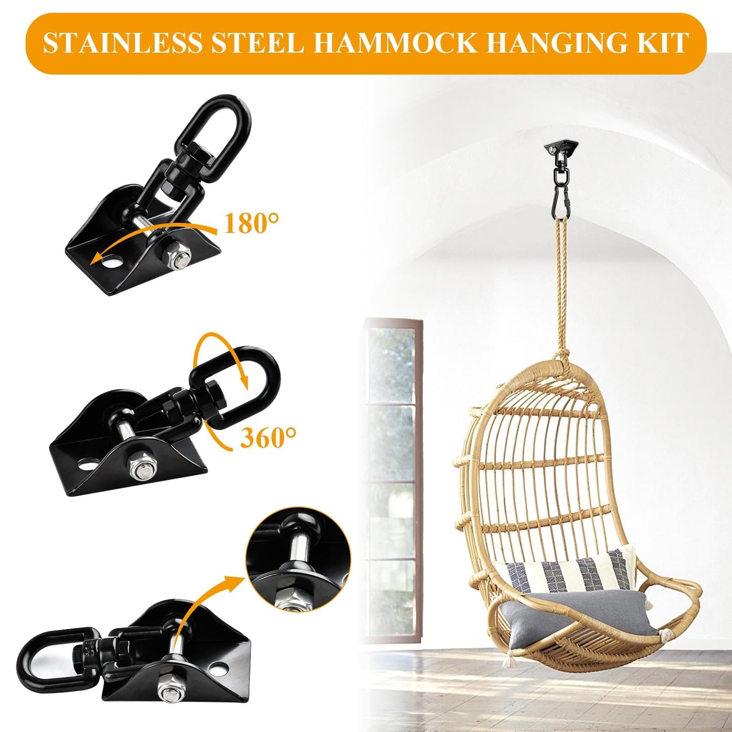Supkiir 2 Set Hammock Hanging Kit, 360°Rotating Swing Hook, 1200 Lbs Capacity Heavy Duty Black Swing Hanger Hardware for Hanging Hammock Swings Aerial Yoga Boxing Sandbag on Wooden Concrete Ceiling