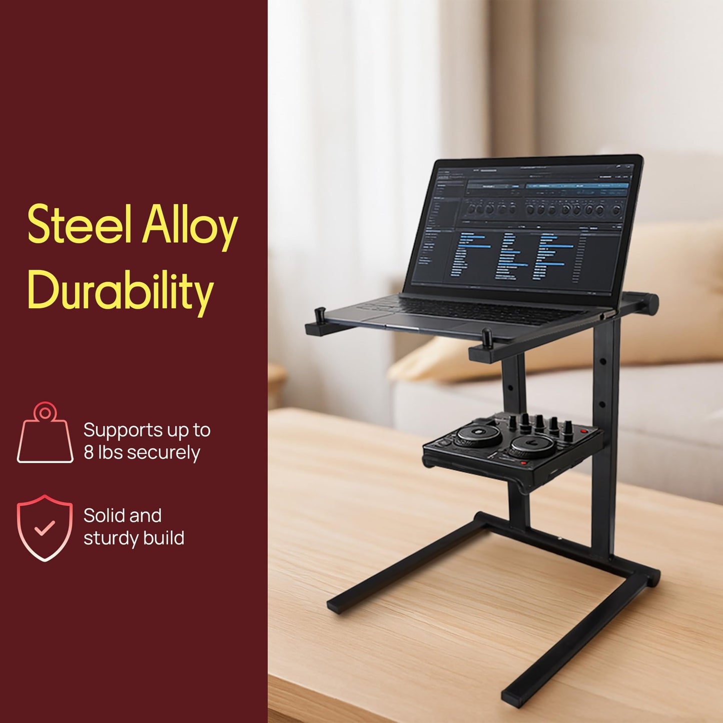 PYLE Laptop DJ Stand- Sturdy & Light Weight Standing Table w/ Foldable Height, & Secondary Accessory Tray, Securely Holds- DJ Mixer, Laptops, iPad, Tablet- Workstation, Gaming & Home Use- Includes Bag