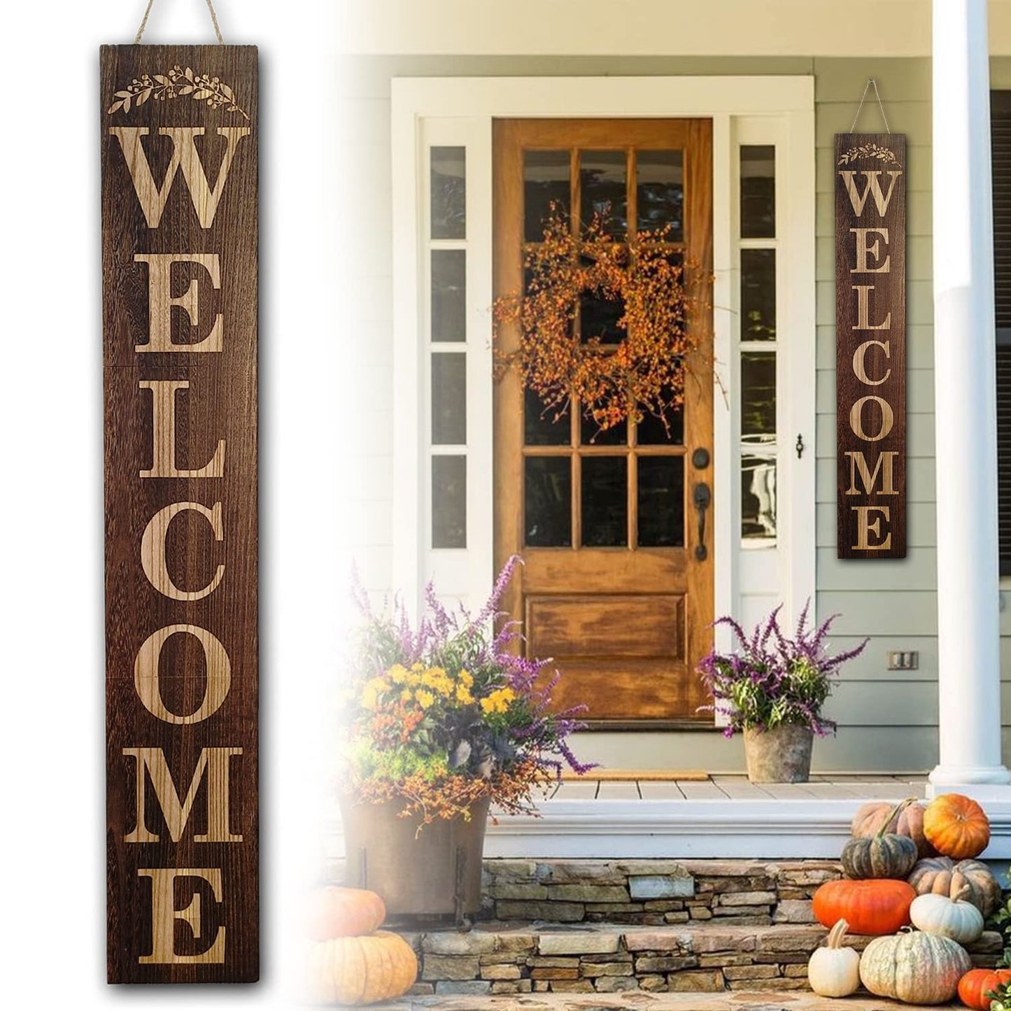 BXAIGR Wooden Welcome Sign, 47 Inch Tall, Brown, Farmhouse Rustic Style, Wall Mount, Outdoor Use