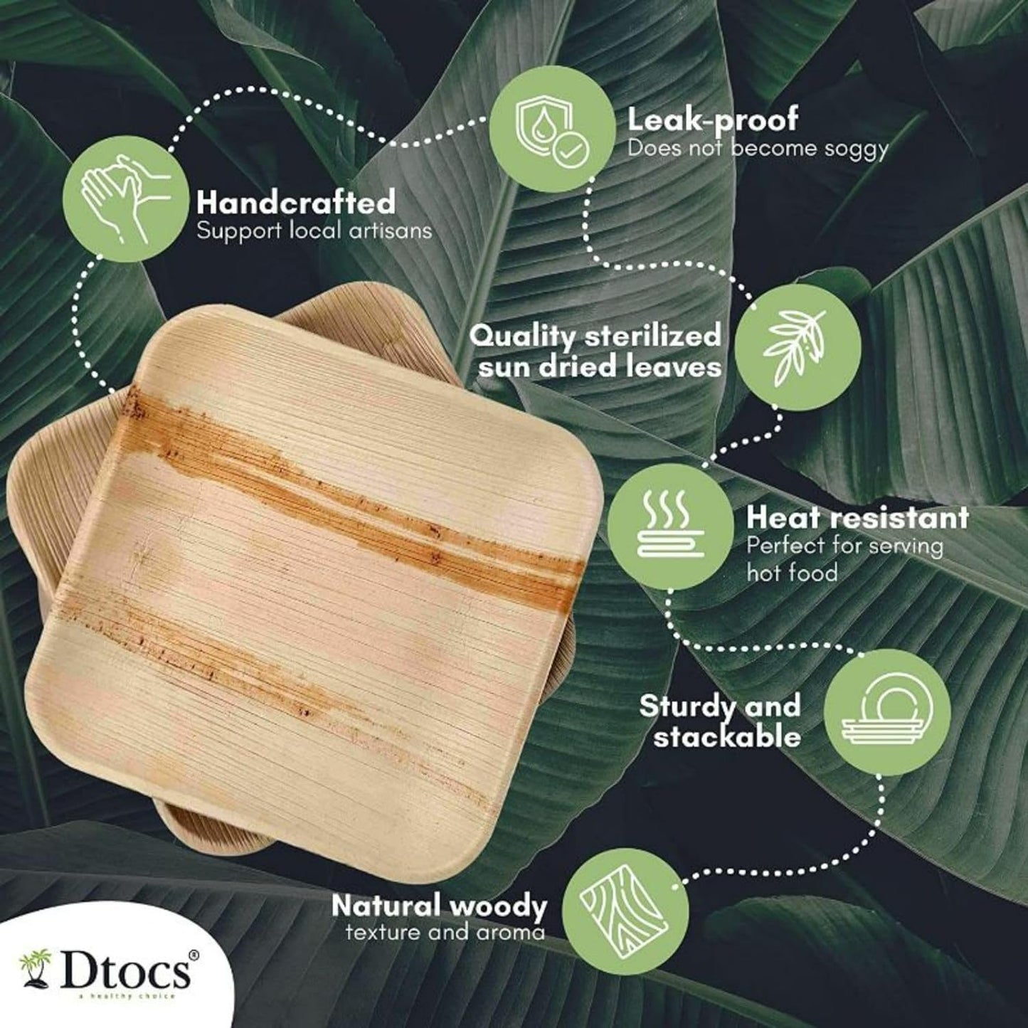 Dtocs Palm Leaf Plates 10 Inch Square 50 Dinner Plates Set | Bamboo Plates Disposable Like Compostable Plates, Disposable Charcuterie Boards, Platters | Disposable Plates Sturdy Than 10" Paper Plates