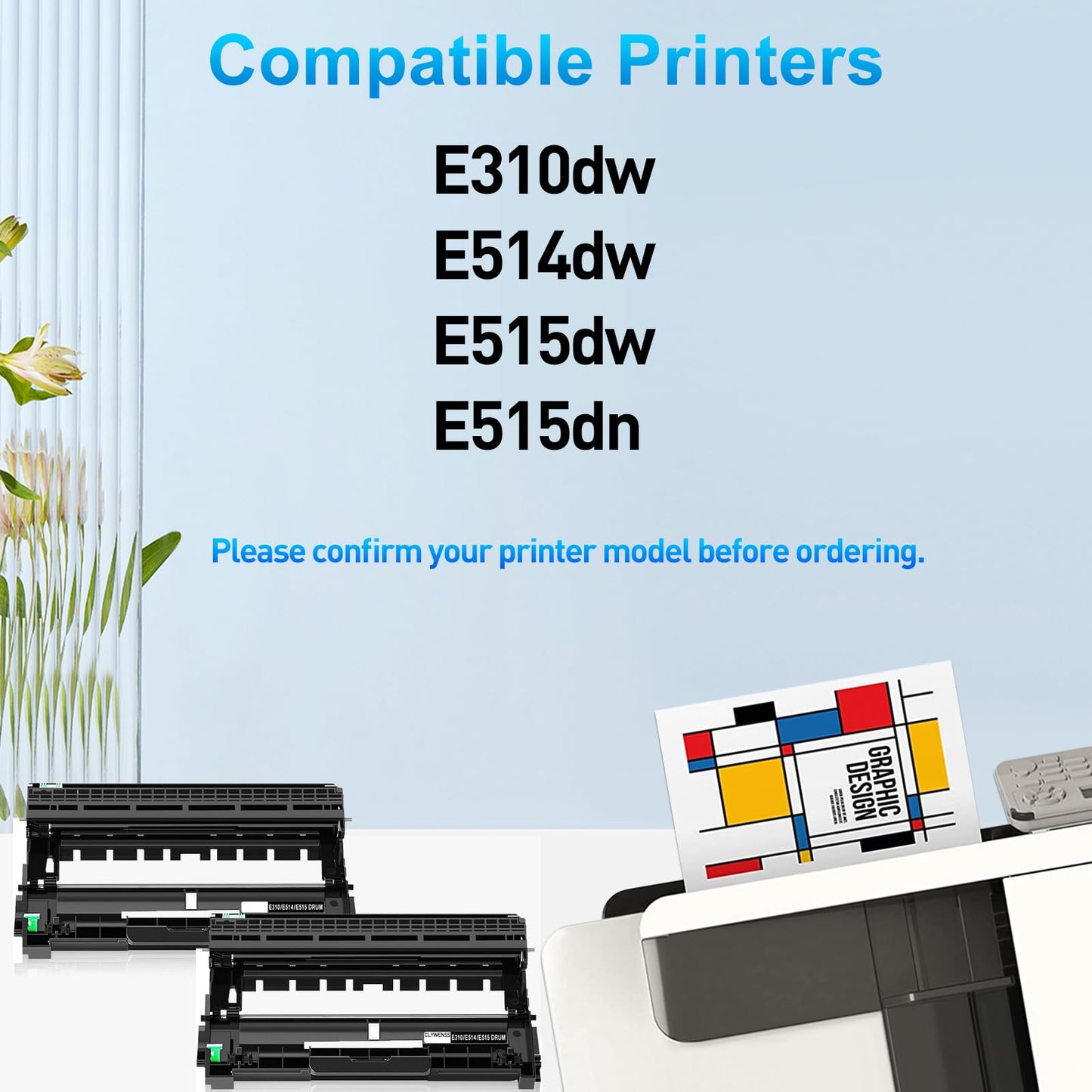 CLYWENSS Compatible E310/E514/E515 Series Drum Unit Replacement for Dell E310 E310dw E515dw E514dw E515dn Printer, 2-Pack (Dell PVTHG, 593-BBKD, P7RMX)