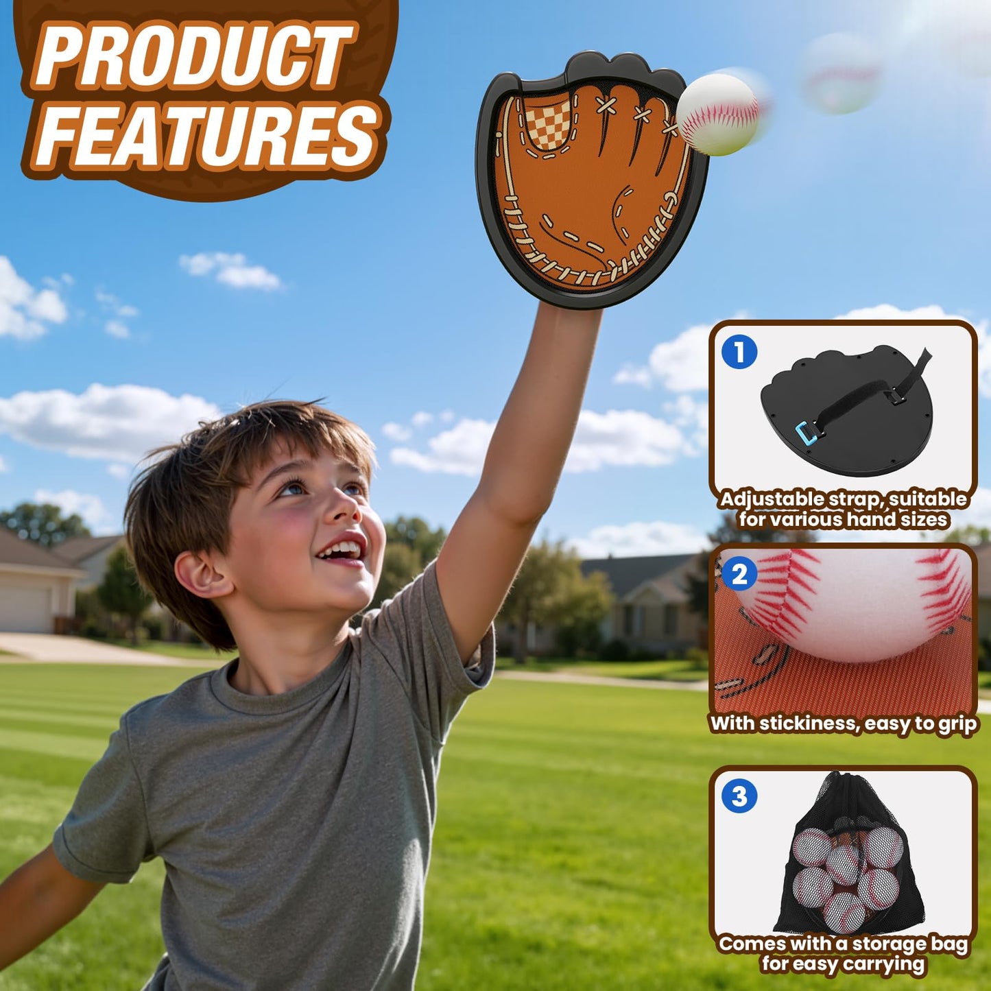 HYES Toss and Catch Ball Game Set with 4 Paddles, 6 Sticky Balls and 1 Storage Bag, Toddler Baseball Glove, Kids Outdoor Ball Catch Games, Beach Yard Camping Toy Gift for 3-12 Years Old Teenagers