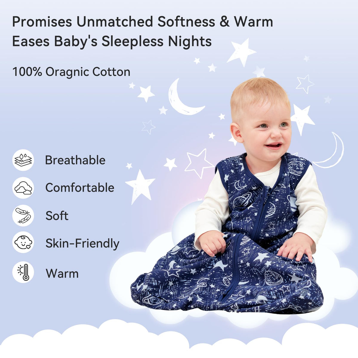 Unnivoll Baby Sleep Sack 12-18 Months 3 Pack 100% Cotton Lightweight 0.5 TOG Wearable Blanket Baby Sleep Bag with 2-Way Zipper for Infant Toddler Blue