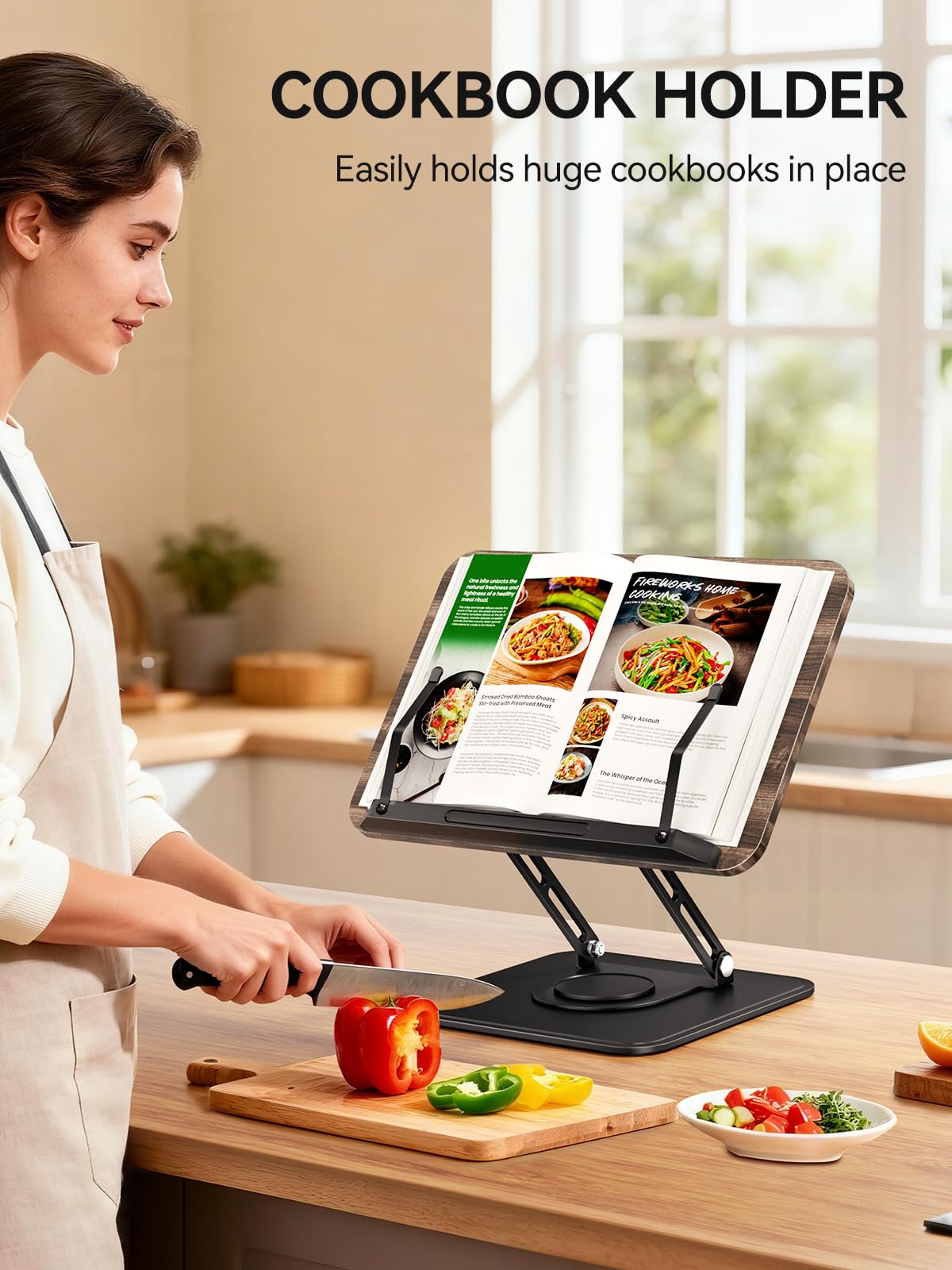 Tounee Book Stand, 360° Rotating Reading Book Holder, Adjustable Cookbook Holder for Reading Hands-Free, Foldable Desktop Recipe Book Stand with Protective Page Clips, Fits All Books - Black
