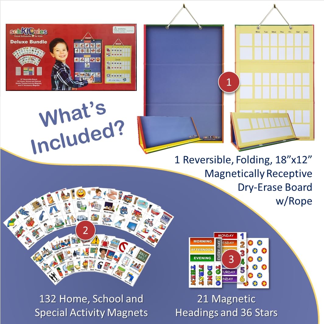 SchKIDules Visual Schedule for Kids Deluxe Bundle Daily Activity Chart / Weekly Progress Chart, 2-Sided Trifold Magnet Board & 189 Magnetic Picture Cards (for Preschool, Children, Toddlers, Autism)