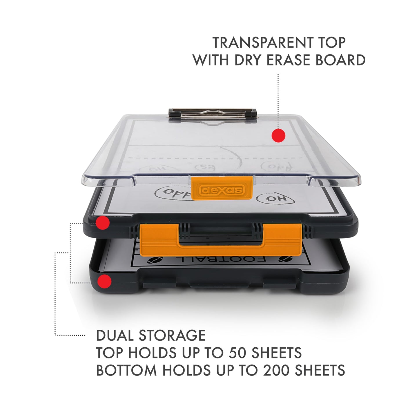 Dexas Clearview Clipcase Dry Erase clipboard, 13.75 x 9.5 Inch, Orange. See papers clearly outdoors, stay organized and dry. Ideal for coaching, teaching, homeschooling, art, trades, and medical pros.