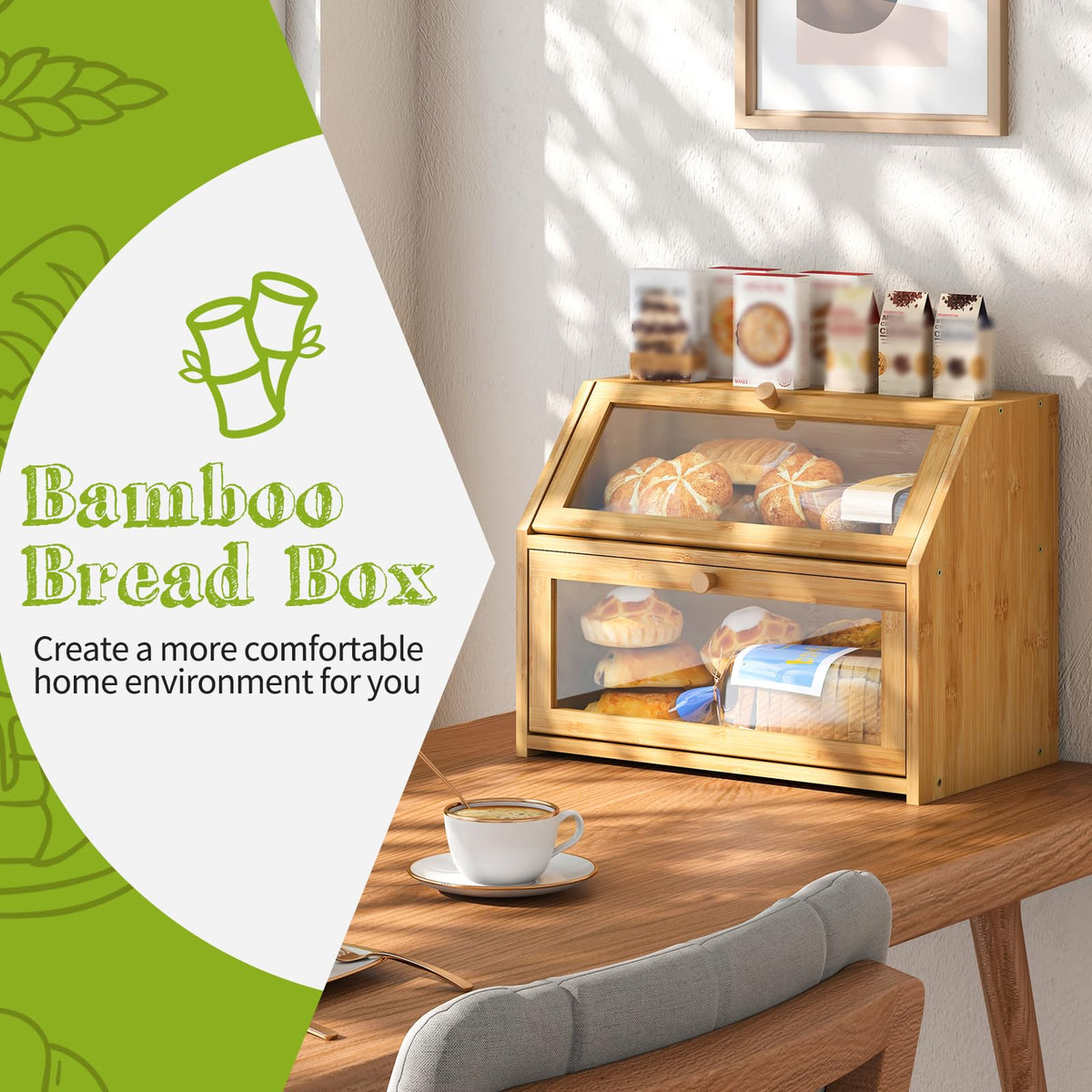 Bread Storage Farmhouse Bread Box For Kitchen Countertop Bread Container With Clear Window Breadbox Double Layer Bamboo Wooden Extra Large Capacity Bin Kitchen Food Storage Container (Trapezoid Bread Box)
