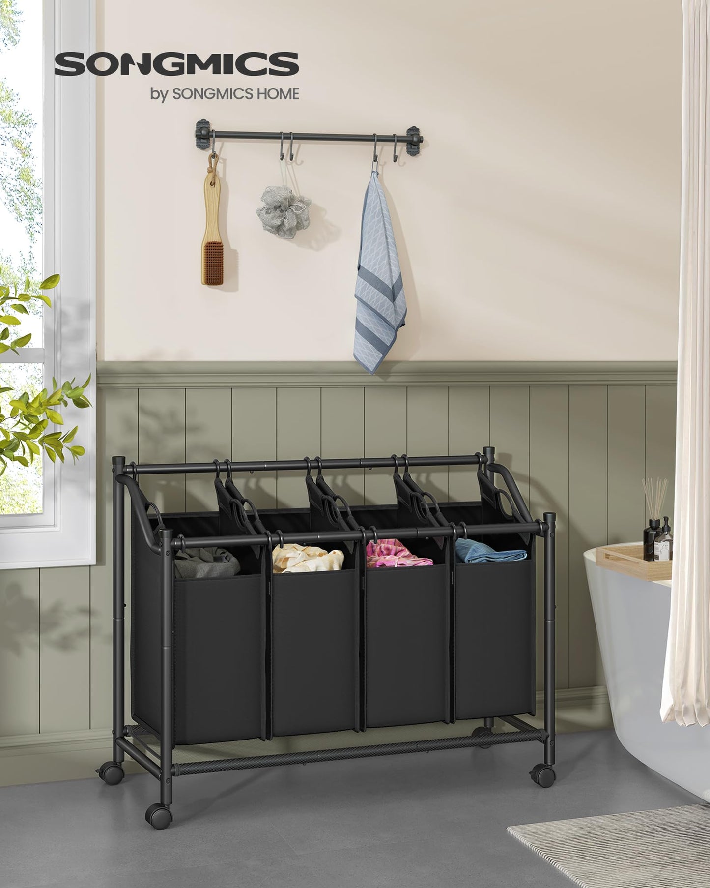 SONGMICS Laundry Sorter, Rolling Laundry Basket with 4 Removable Bags, Laundry Hamper, Laundry Cart, for Laundry Room, Bedroom, Bathroom, 4 x 11.9 Gallons, Ink Black URLS103B01