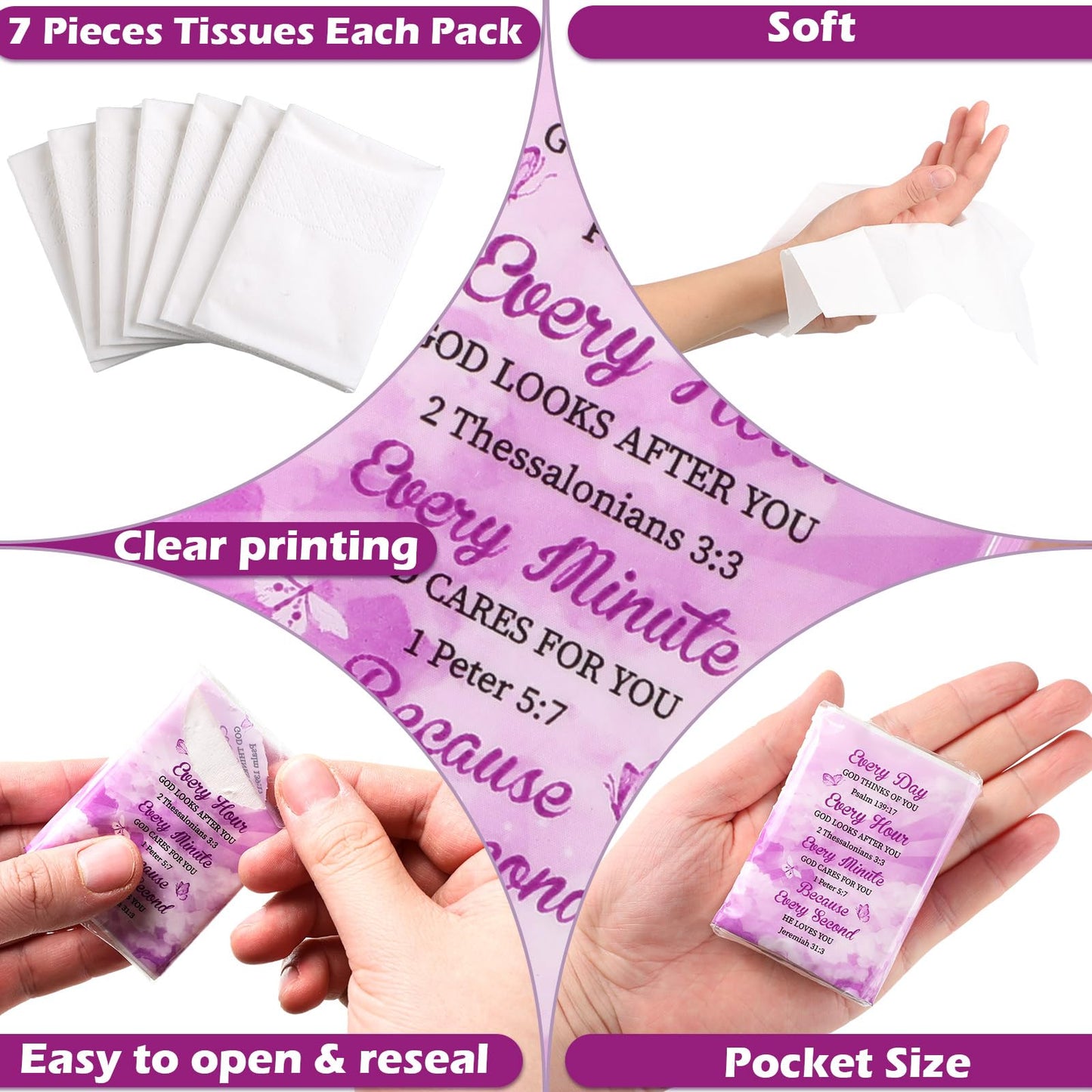 Yinder 120 Pack Christian Pocket Tissues Bulk Mothers Day Gifts for Church 3 Ply Bible Verse Travel Size Mini Facial Tissues Pocket Inspirational Religious Party Favor for Wedding Mothers Day Gift