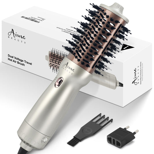 Aima Beauty 4 in 1 Worldwide Travel Hot Air Brush Dual Voltage Blowout Brush Oval Shape One Step Volumizer Straightener Blow Dryer Brush Ionic Lock Moisture Gift 360° Swivel Cord Champagne Silver