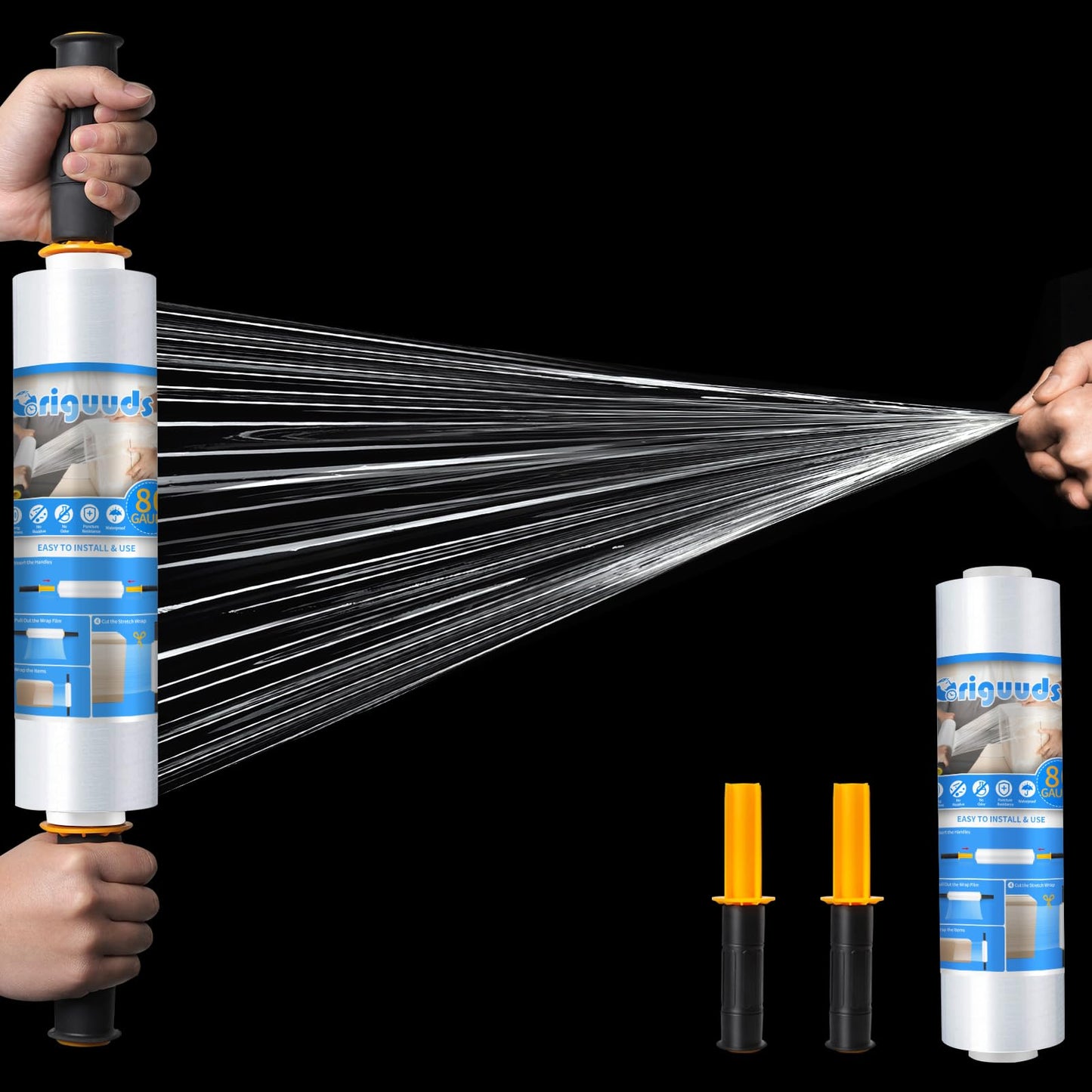 Origuuds Stretch Film, 80 Gauge Stretch Wrap with Handles, Industrial Strength Plastic Wrap for Moving, Pallet Wrap, Packing, Furniture Wrapping, Luggage (Clear/15 Inch x 1000 Feet, 2 Roll)