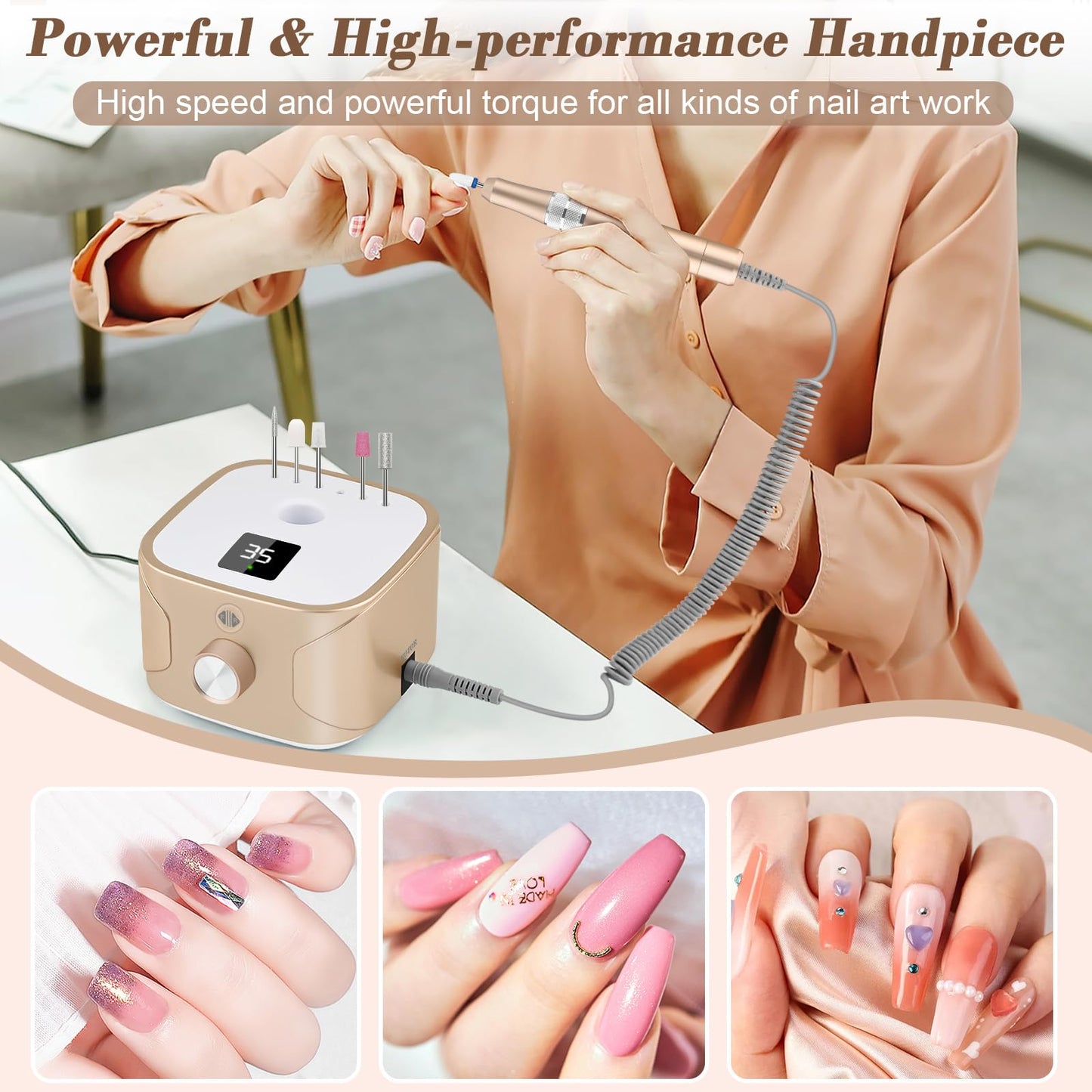Kredioo Nail Drill Machine for Gel Acrylic Nails, 35000RPM Electric Nail File Professional Ongle E-drills with 11 Bits Manicure Pedicure Care Nails Kit for Gel Polish Remover Home Salon Tools-Gold