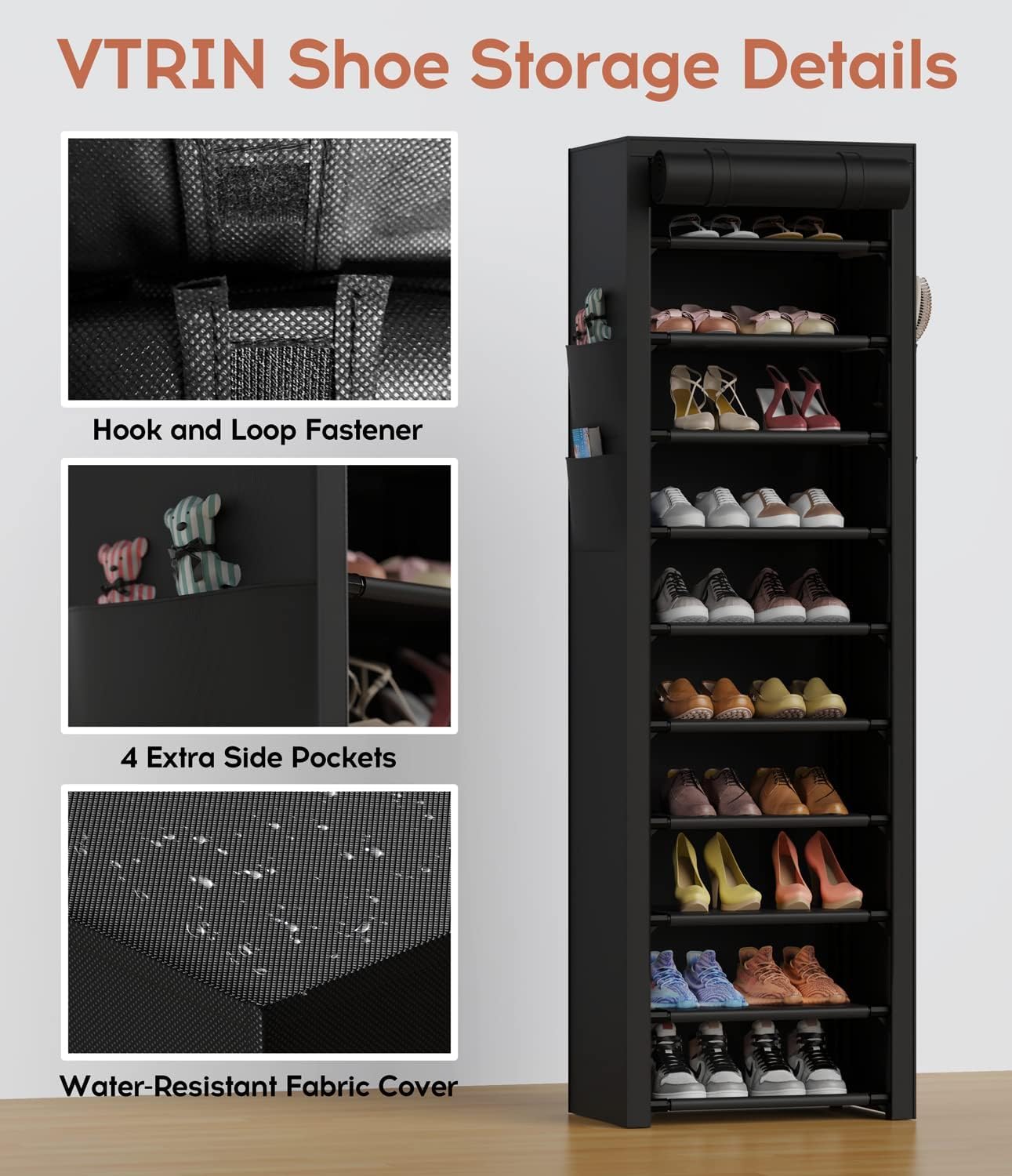 Oillase Vertical Narrow Shoe Rack Organizer Tall Shoe Rack for Closet Entryway 10 Tier Non-Woven Cover Shoe Shelf Holds 20-22 Pairs Free Standing Shoe Storage Cabinet with Dustproof Cover, Black