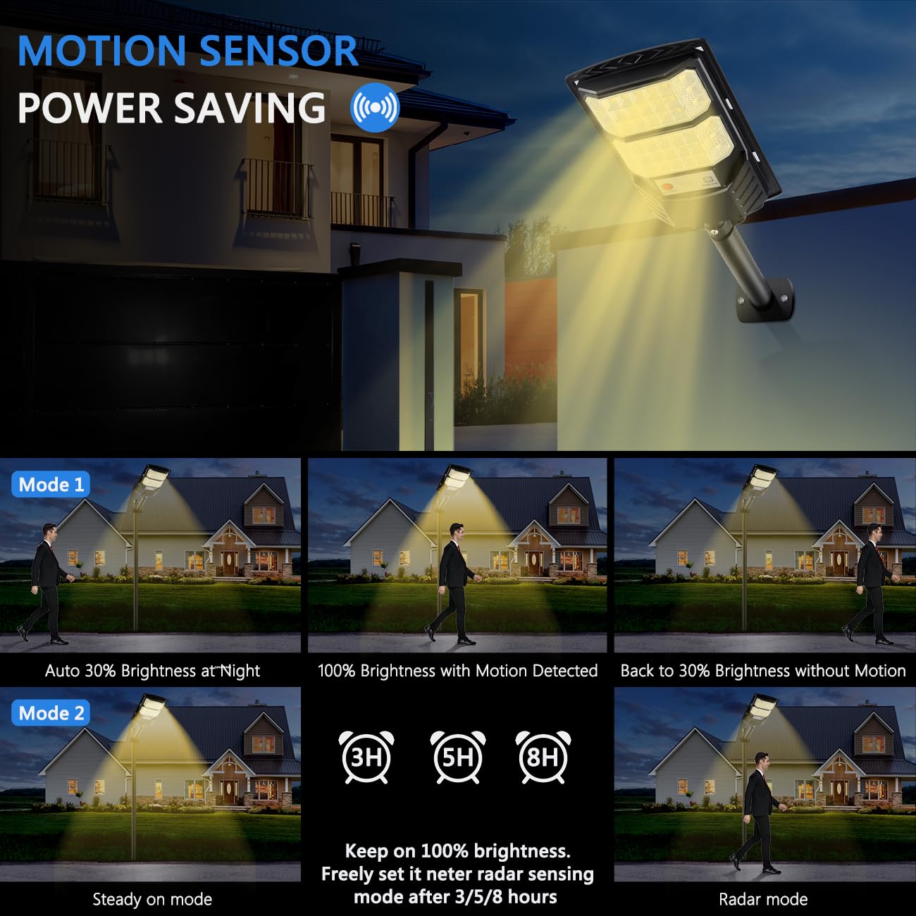 Solar Street Lights Outdoor, 3000K Solar Parking Warm Light, LED Dusk to Dawn Flood Waterproof Powered Yellow Lighting with Motion Senso Security Lights for Garden Yard Pathway