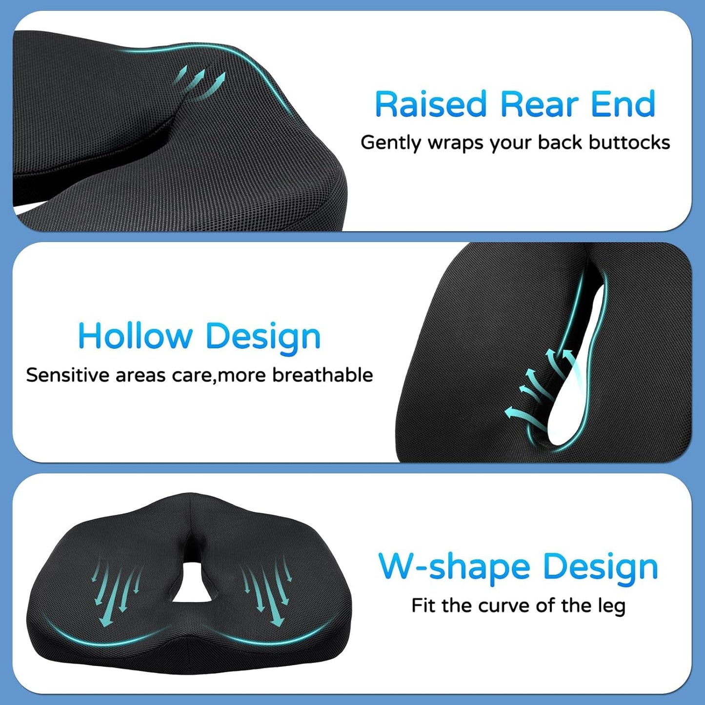 Seat Cushion for Long Sitting - Memory Foam Chair Pad Cushion for Tailbone, and Low Back Pain Relief - Non-Slip Seat Cushions for Office Chairs Wheelchair Car Seats,Gray