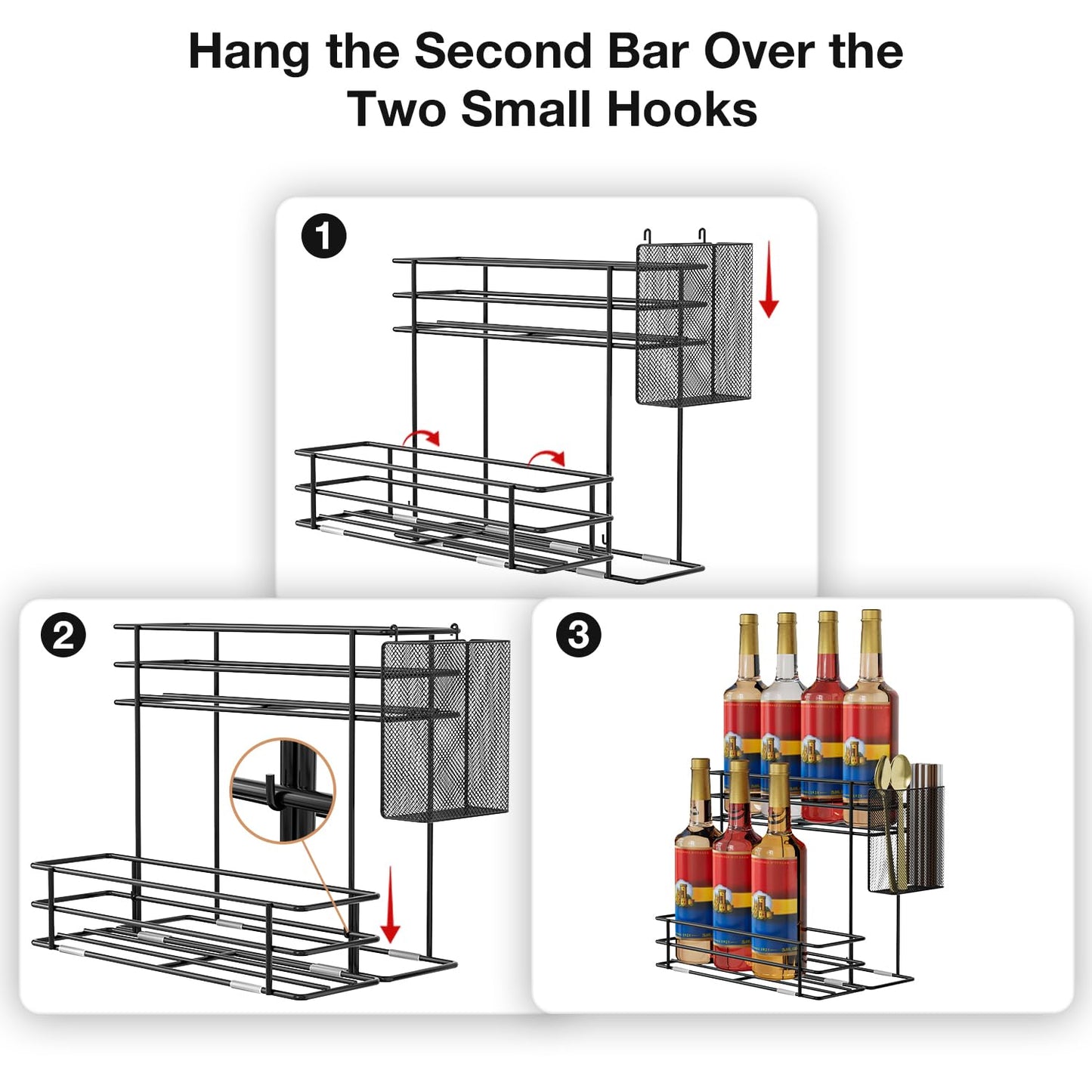 OVICAR Coffee Syrup Storage Rack - 8 Coffee Bottle Holders and Station Accessories with Straw and Pod Basket, 2 Tier (Black)