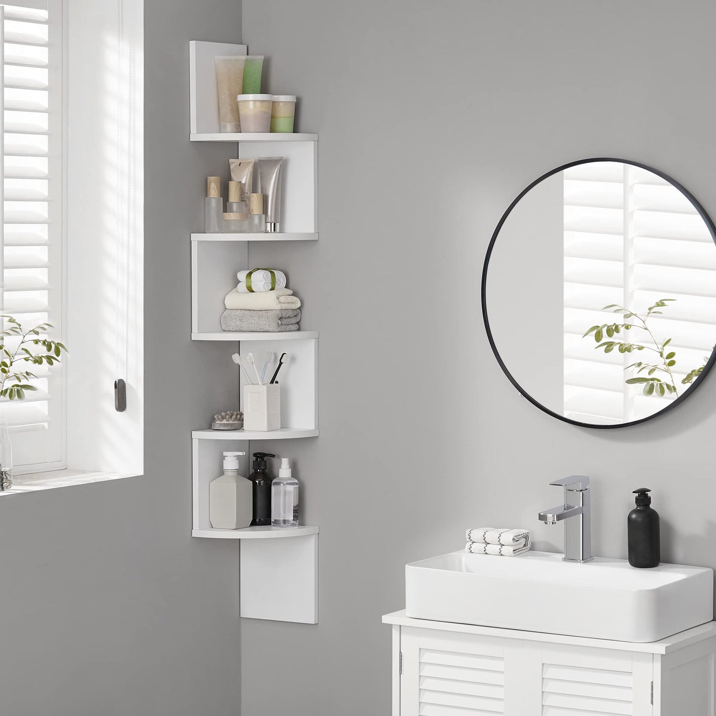 VASAGLE Custos Collection - Corner Shelf Wall Mount, 5-Tier Floating Corner Bookshelf, Plant Shelf for Bedroom, Living Room, Bathroom, Home Office, Cloud White ULBC72WT