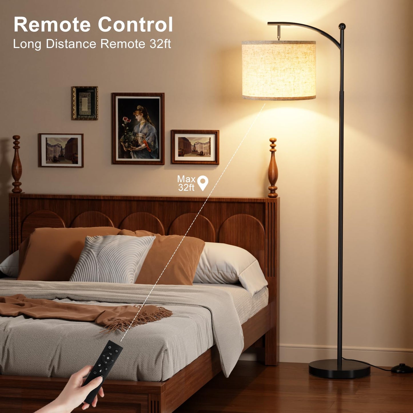 Ambimall Floor Lamp with Remote Control and Stepless Dimmable Bulb, Colors Temperature & Brightness Adjustable, Modern Floor Lamps for Living Room（Beige Shade & Black Pole）
