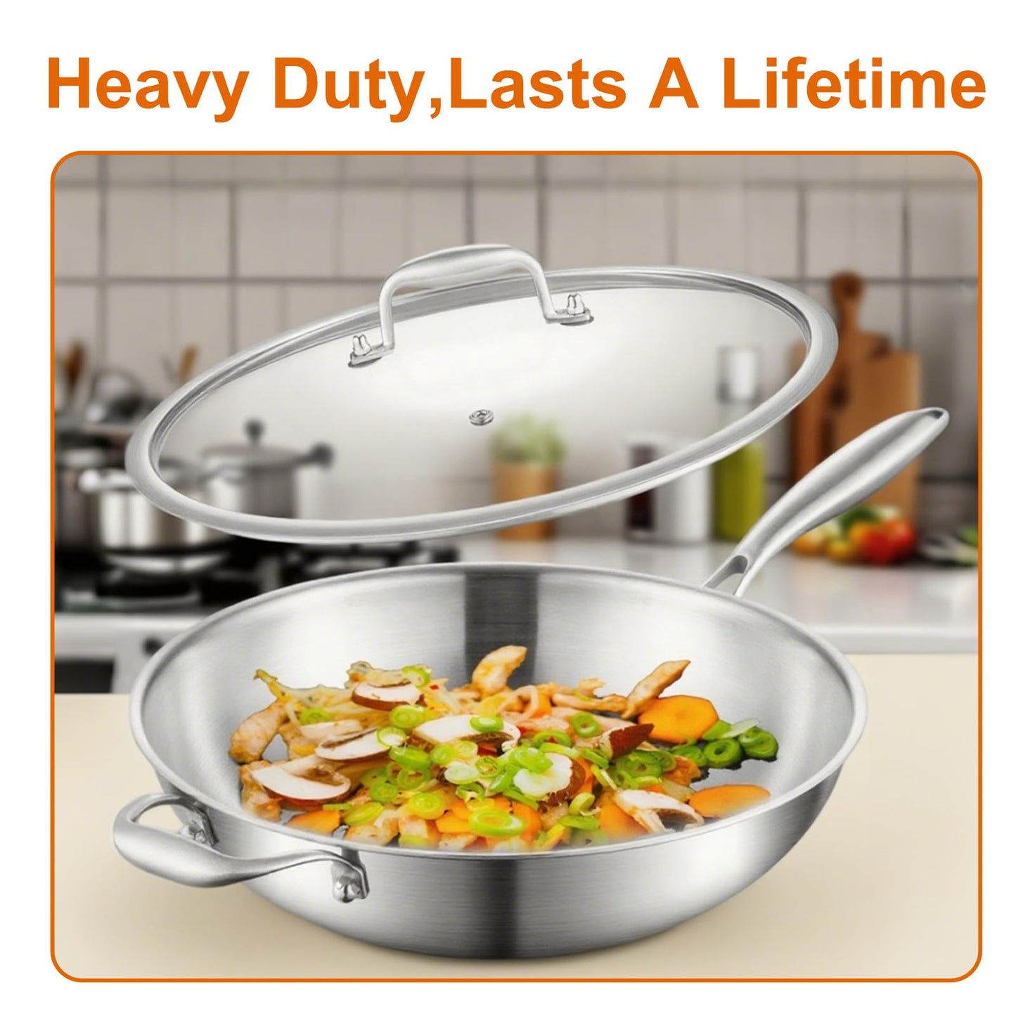 DELARLO Tri-Ply Stainless Steel Wok, 12 Inch Cooking Wok Pan with Lid, with Side Ear, Wide & Deep Cookware Stir-Fry Pans, Dishwasher and Oven Safe Up to 600°F, Works on Induction