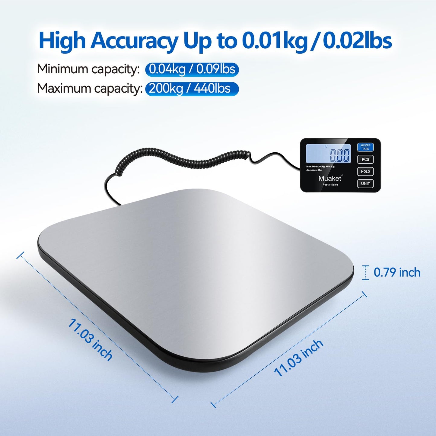 Postal Scales,Muaket 440lb LCD Display Parcel Scales with Hold and Tare Function,High Precision Weighing Scale for Luggage,Package,2 AAA Batteries and Charging Cable Included