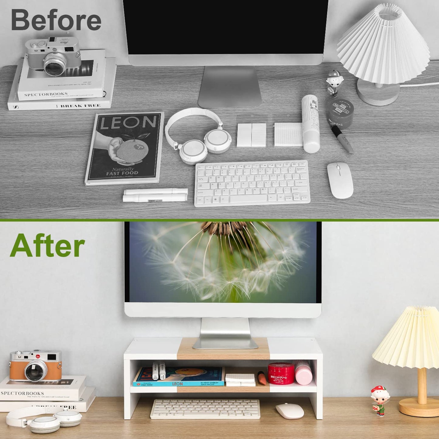 TEAMIX 2 Tiers Desktop Monitor Stand Riser 51cm Printer Stand with Storage Small TV Riser Laptop Wooden Desk Organizer Shelf Bookshelf Maple (White+Maple, 2 Tiers)