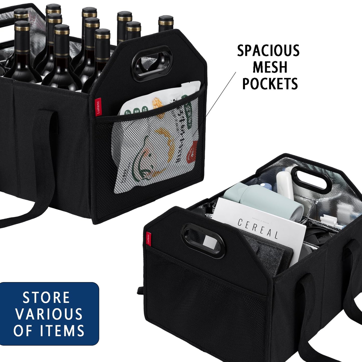 LUILANC Collapsible 12 Bottle Wine Carrier - Reusable Portable Storage Box for Tote Bag, Moving, Vacation, Bottle Caddy, Grocery Shopping, Wine Tasting (Black)