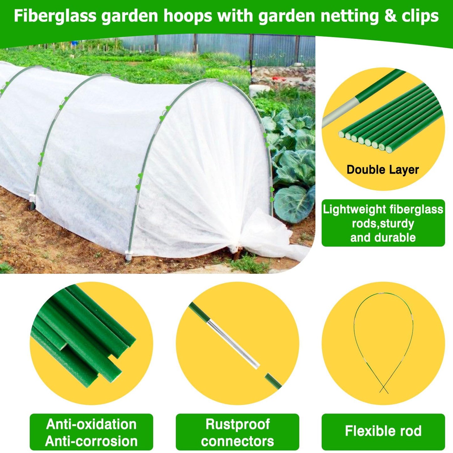 Garden Hoops and Netting for Raised Bed, 10x50ft Ultra Fine Mesh Garden Insect Netting Bug Net Pest Barrier, 36pcs 8ft Greenhouse Grow Tunnel Hoops Frame Bird Mosquito Netting for Garden Protection