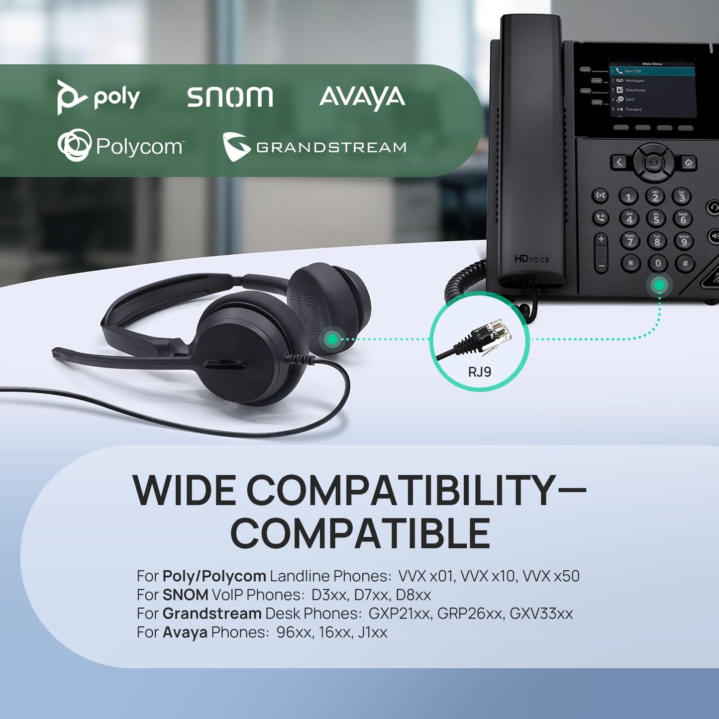 Yealink Phone Headsets for Office Phones YHS36 E2 QD to RJ9 Wired Headset Compatible with Poly Snom Grandstream Phones Desk Landline VoIP Headset with Microphone -Mono/81g/2.1m Cable