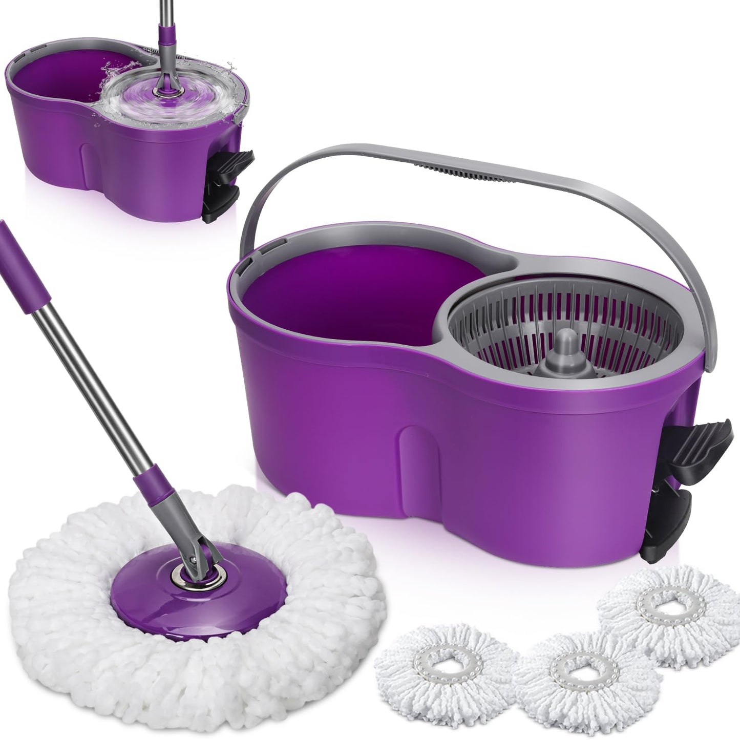 Almcmy Spin Mop and Bucket Set, Mop Bucket with Foot Pedal Wringer System, 3 Reusable Mop Refills, 130cm Long Handle, Easy Wring Magic Mop Floor Cleaning System, Purple