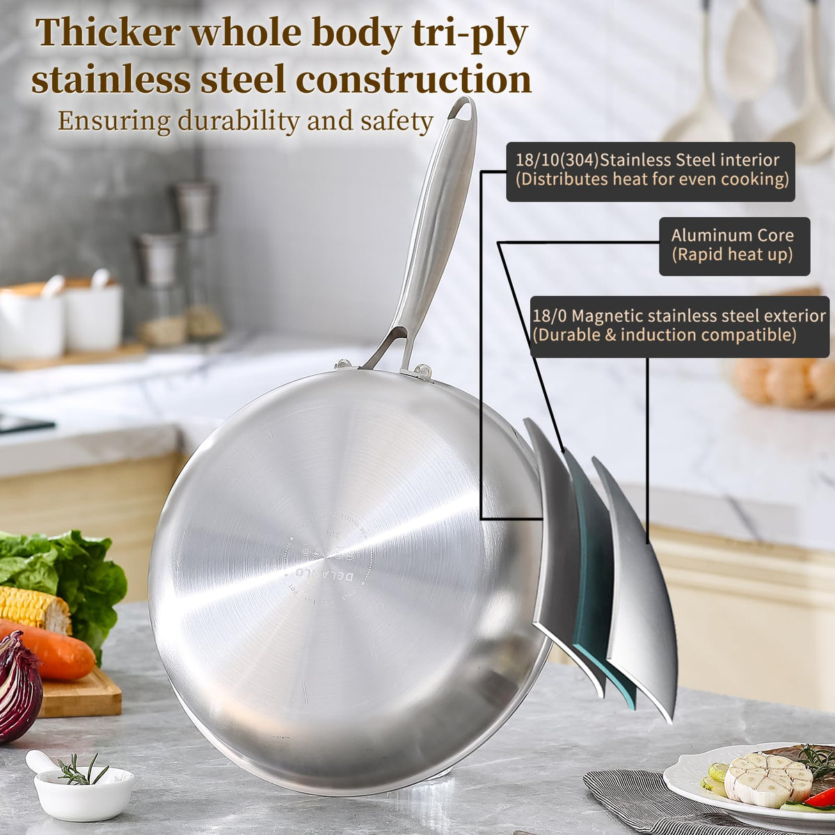 DELARLO Stainless Steel Pan丨10 Inch Skillet with Lid丨Oven Safe Up to 600℉丨Triply Stainless Steel Cookware丨Stainless Steel Pan 10 in丨Induction Compatible丨Fast Even Heat丨Large Cooking Surface