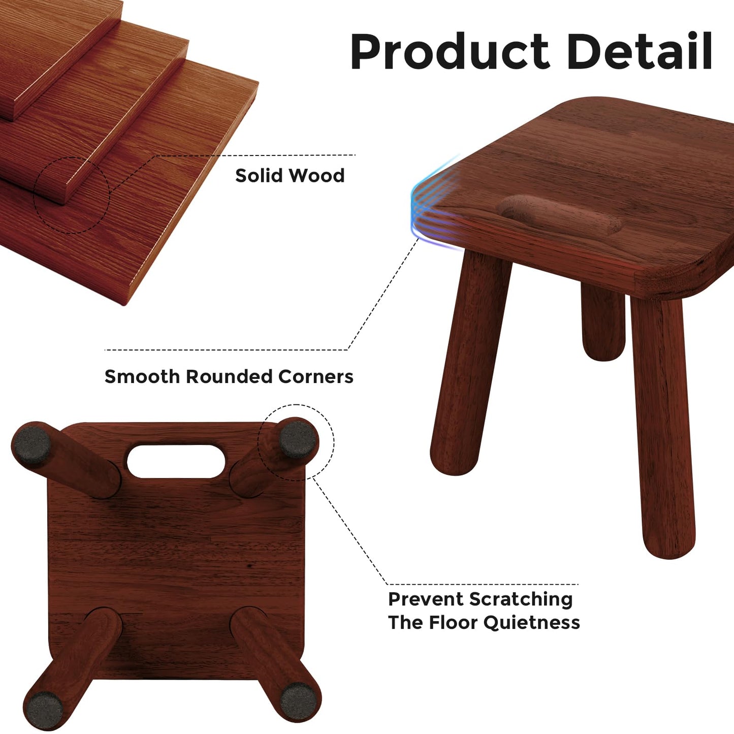 SEEMINES Small Wooden Step Stool,100% Solid Wood Stool with Non-Slip,300lb Load-Bearing Square Step Stool for Bathroom Kitchen Bedroom Living Room Plant Stools (Walnut Color)