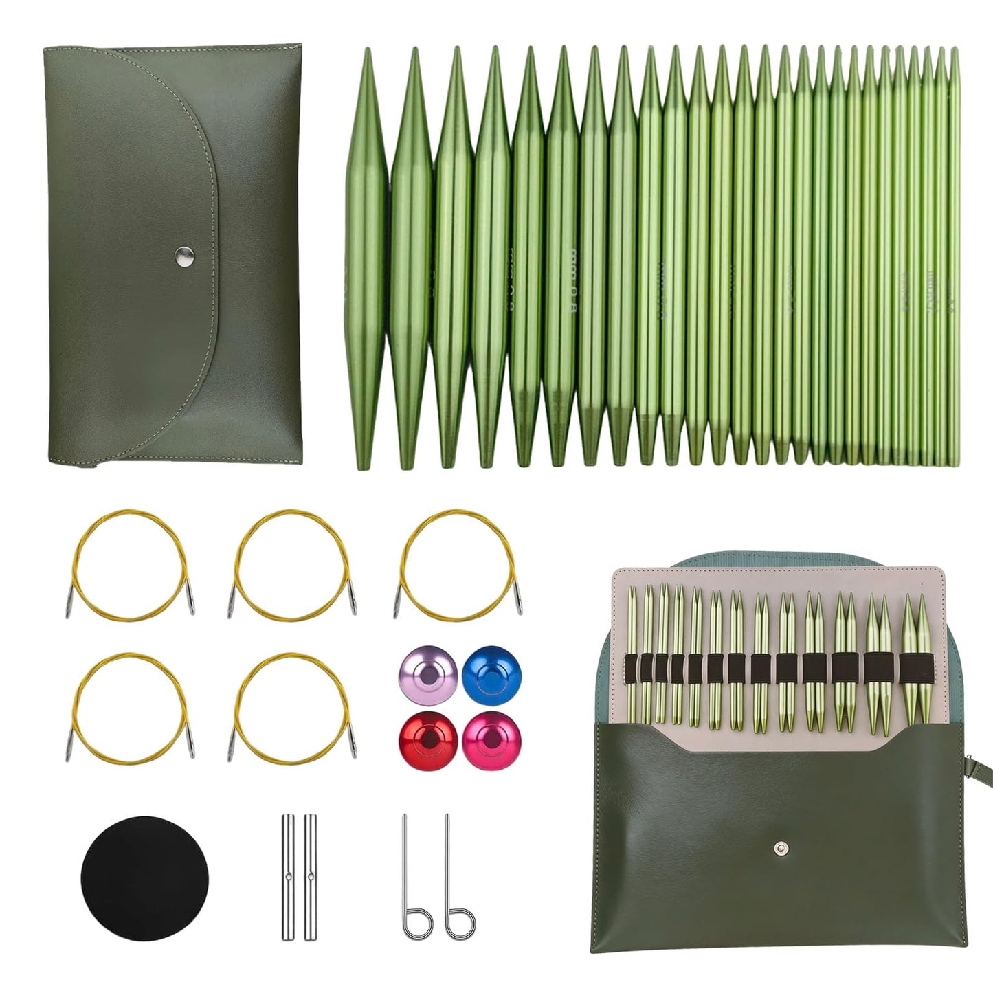 4-inch Knitting Needles Set, 13 Pairs Interchangeable Circular Knitting Needles Set Aluminum US Sizes 2.5, 3, 4, 5, 6, 7, 8, 9, 10, 10.75, 11, 13, 15 with 5 Cables, Knitting Accessories and Case (Green)