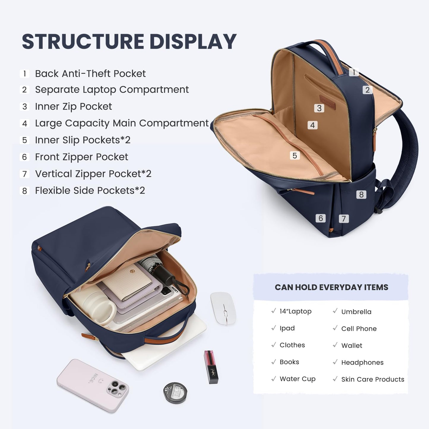 GOLF QUALITY Laptop Backpack for Women, Work Business Traval Computer Backpacks with Laptop Compartment Waterproof Casual Daypack for Travel College,16Inch,Navy Blue