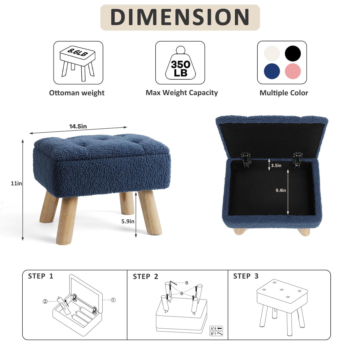 OGEMXU Storage Ottoman, Small Foot Stool Ottoman with Storage, Boucle Teddy Velvet Foot Rest with Padded Seat. (Dark Blue)