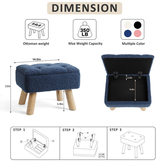 OGEMXU Storage Ottoman, Small Foot Stool Ottoman with Storage, Boucle Teddy Velvet Foot Rest with Padded Seat. (Dark Blue)