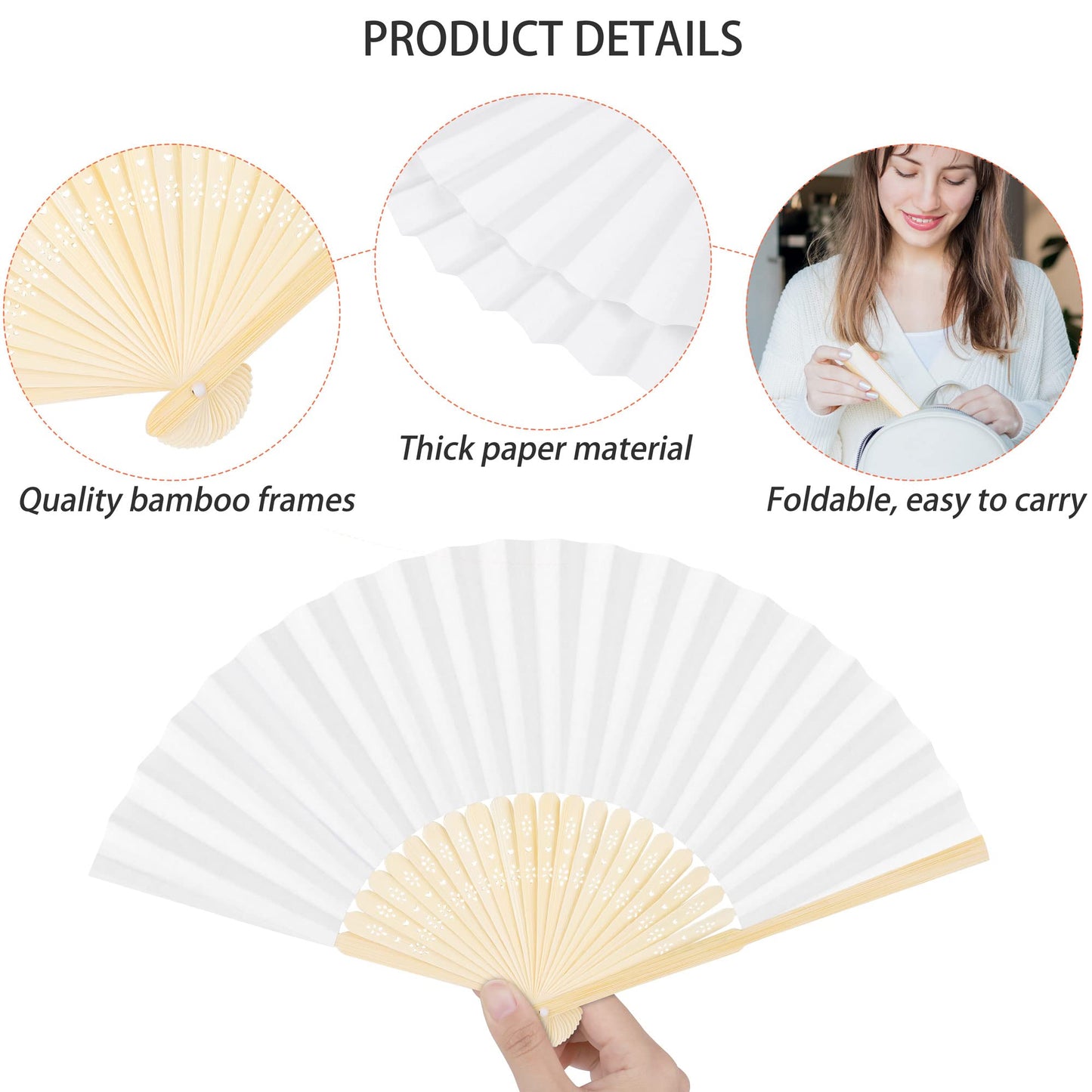 Aodaer 72 Pieces White Folding Fans with Organza Bags Paper Folding Fans Bamboo DIY Paper Hand Fan Foldable Wedding Fan for DIY Crafts, Wedding Gift, Home Decoration