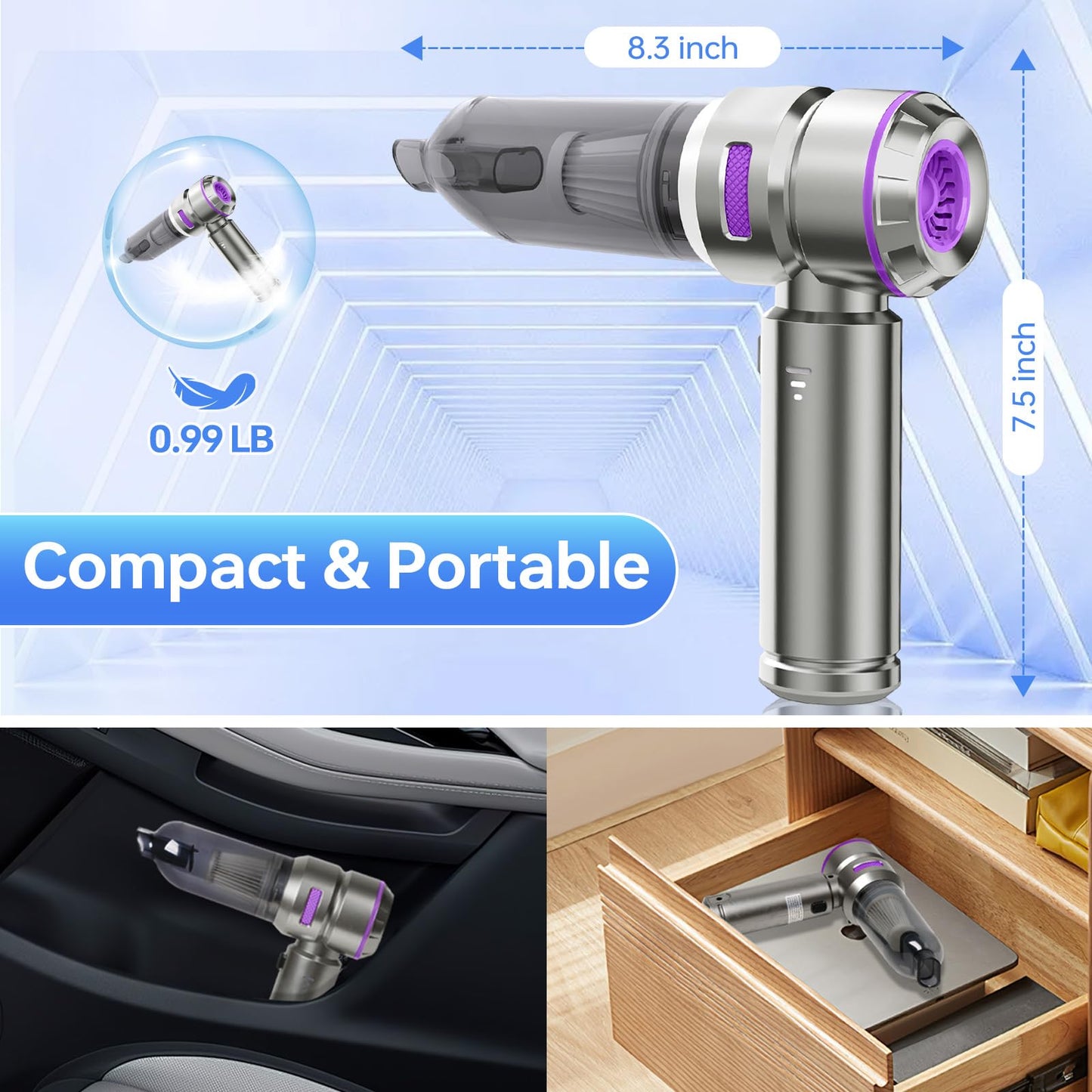 BOLYDOOM Handheld Vacuum Cordless, Car Vacuum Cleaner 16000PA Powerful Mini Hand Vacuum Cleaner 3 Gear Small Vacuum with Battery Indicator, Brushless Portable Vacuum Cordless for Car/Home