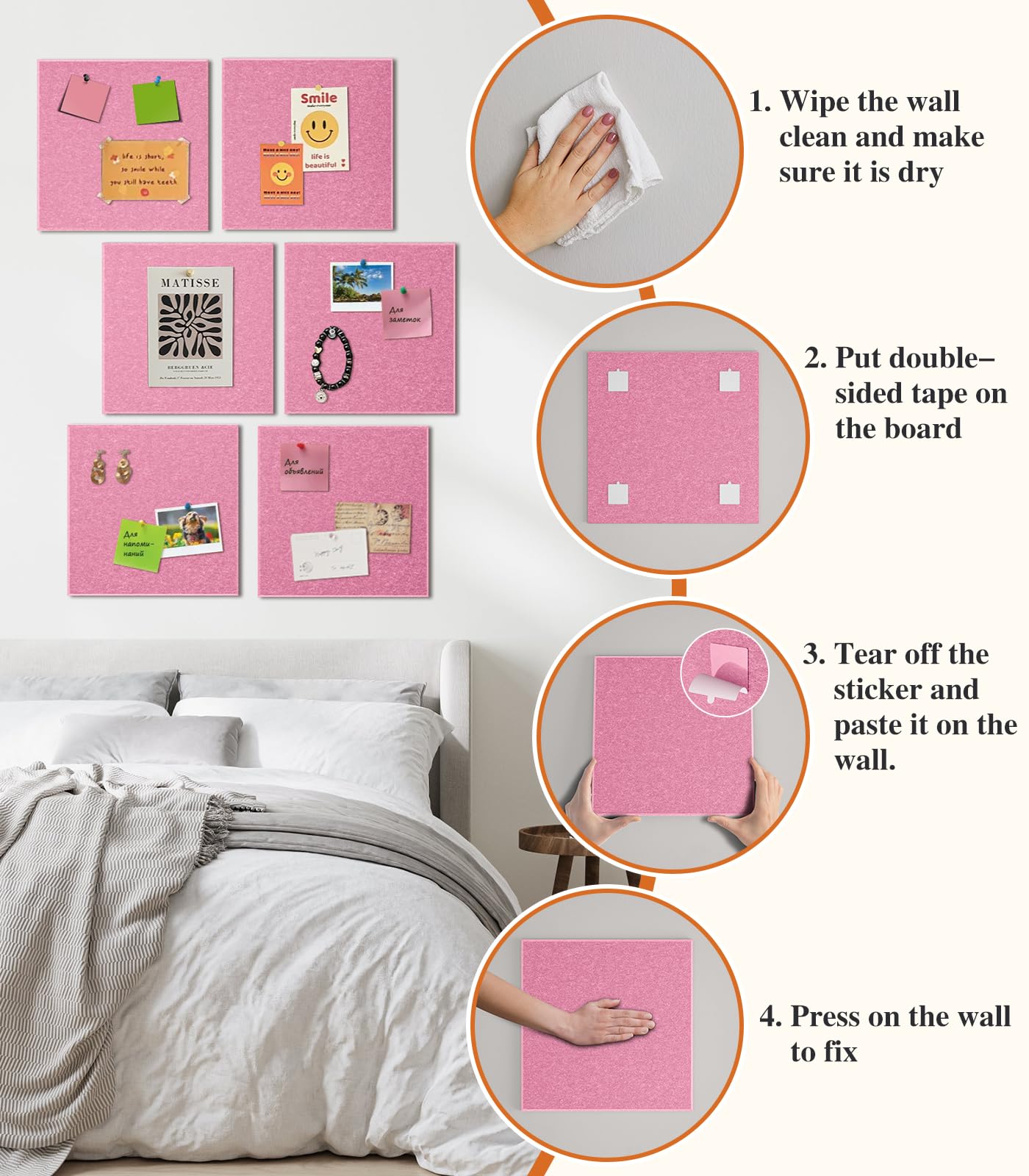 Large Cork Board for Walls - 12 Packs Bulletin Board,48"x36" Cork Board Felt Wall Tiles for Home, School & Office Decor Pin Board,Cork Felt Board DIY Vision Board -Pink