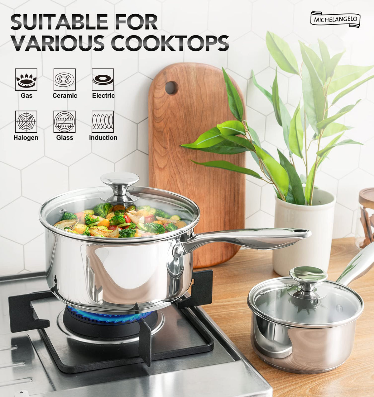 MICHELANGELO Stainless Steel Saucepan Set with Lids, 1 QT and 3 QT Saucepan Pot Set, Nonstick Saucepans, 4 Piece, Dishwasher Safe, Induction Compatible
