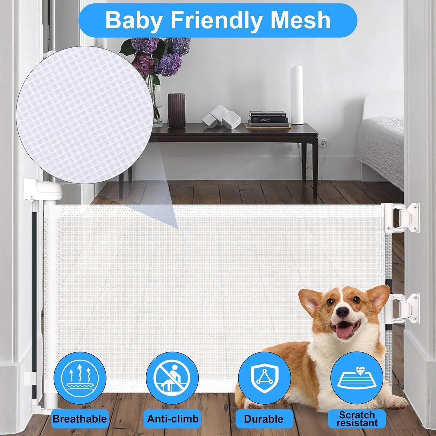 14" H Short Dog Gate - 59" Wide Retractable Mesh Pet Fence, Puppy Gate for Doorways & Stairs