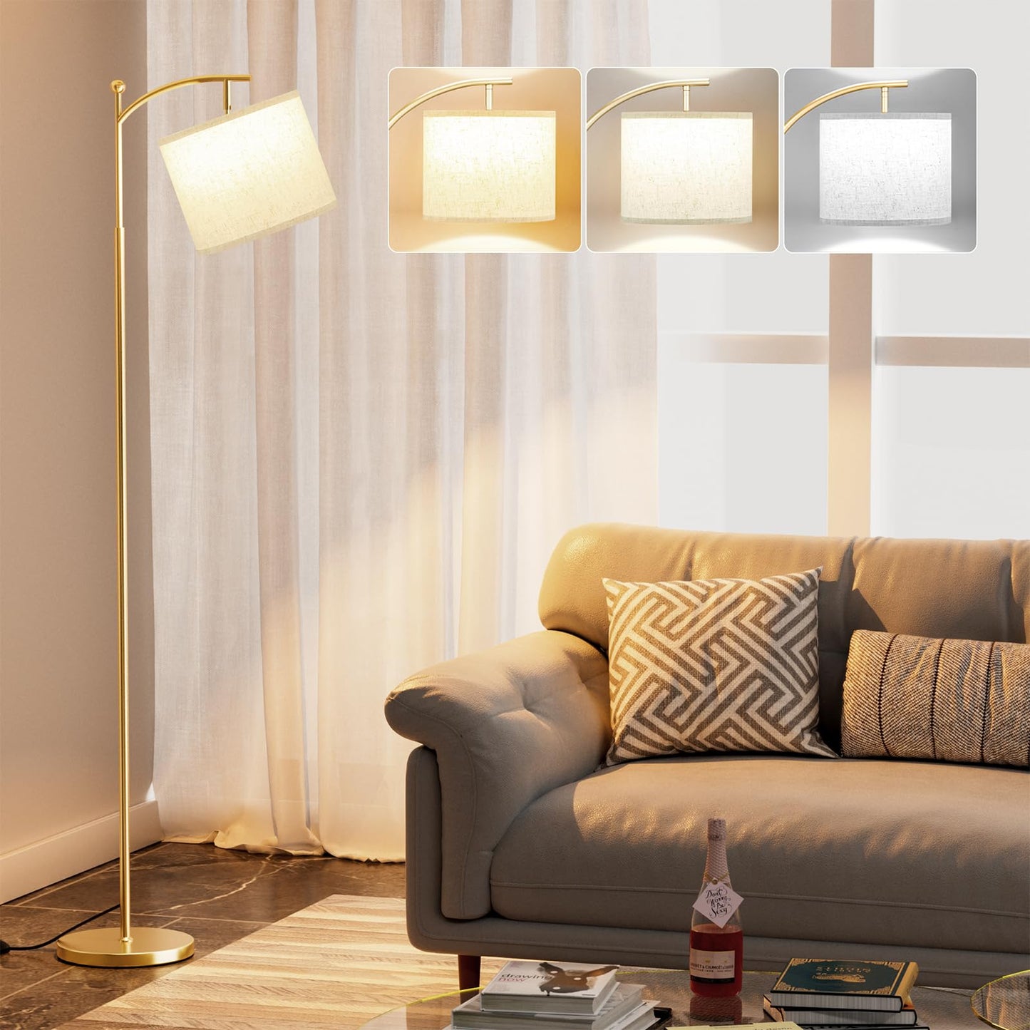 Ambimall 60" Floor Lamp with 3 Color Temperatures LED Bulb, Rotating Lamp Head, Foot Switch, Easy to Install, 9W Bulb Included, Modern Floor Lamp for Living Room, Bedroom, Study Room, Nursery (Gold)