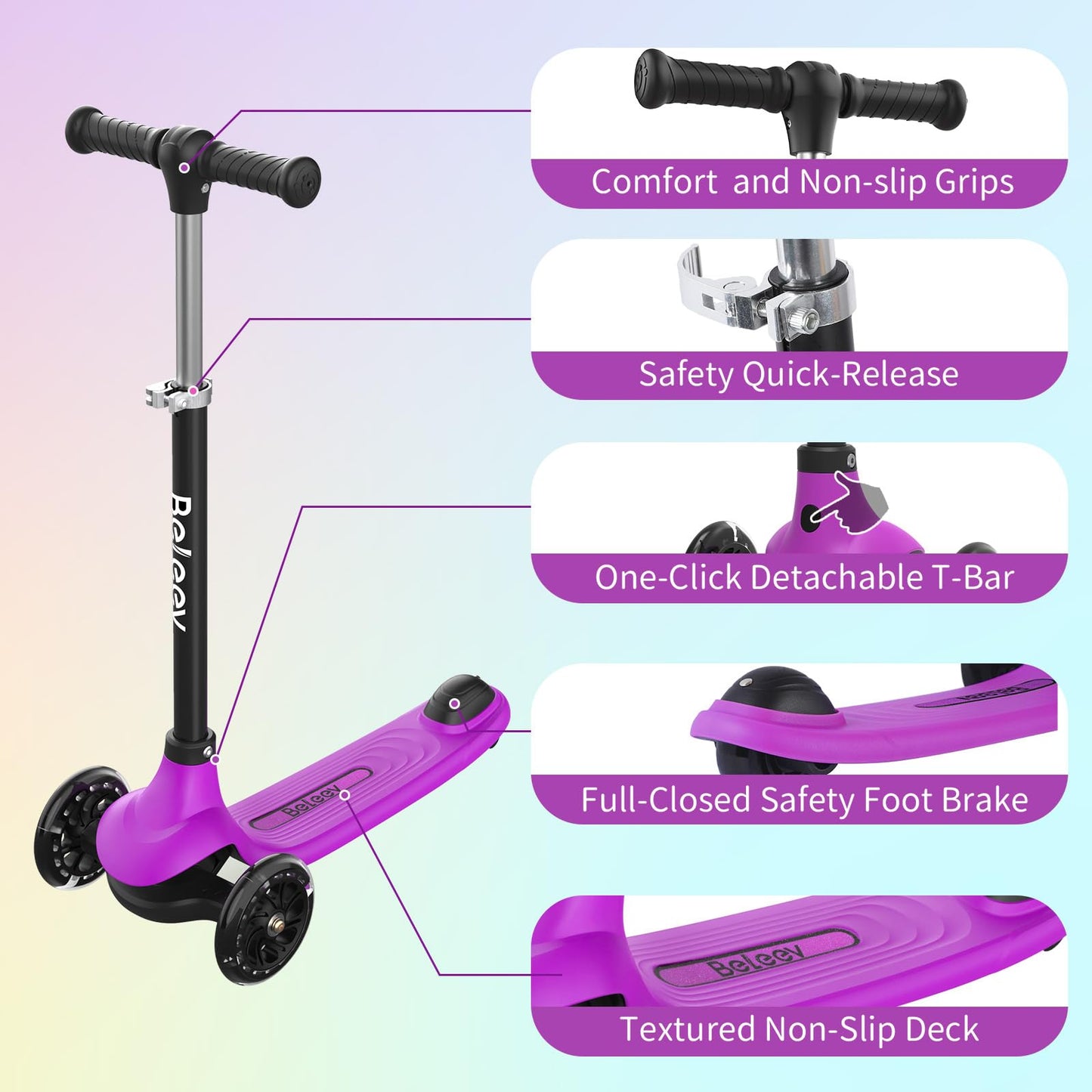 BELEEV A6 Scooter for Kids with Light-Up Deck & Wheels, 3 Wheel Kick Scooter for Toddlers Girls Boys Ages 3-8, 4 Adjustable Height, Non-Slip Deck, Lightweight Scooter for Children (Purple)