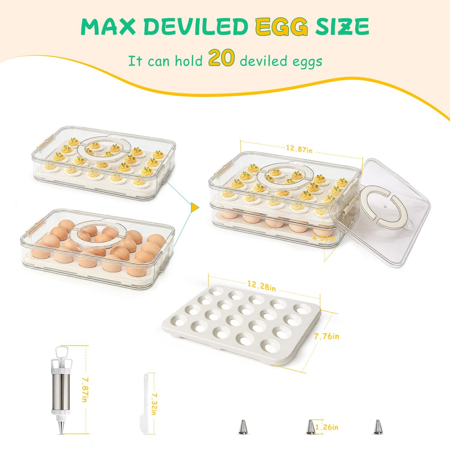 2 Pack Deviled Egg Containers with Lid, Durable Deviled Egg Platter, Fridge Portable Egg Tray with Lids for Party, Thickened Deviled Egg Carrier with Portable Insulated Bag & Piping Decorating Kit
