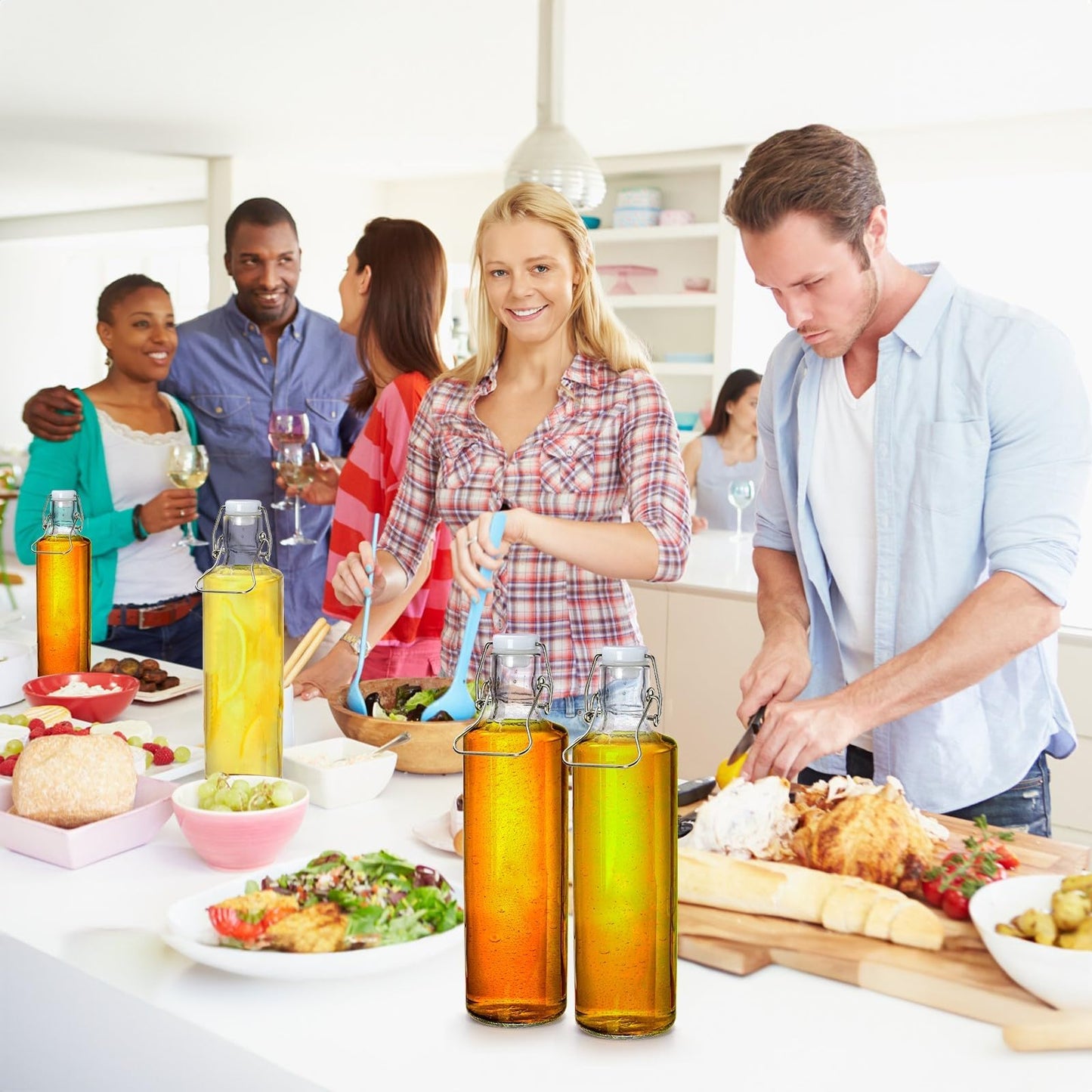 Cididu 4 Pack 33Oz Flip Top Bottles, 1L Airtight Swing Top Glass Bottle with Handle for Beer, Home Brewing, Kombucha, Juice, Carbonated Drink, Vinegar, Oil, Mead, Leakproof, Dishwasher Safe