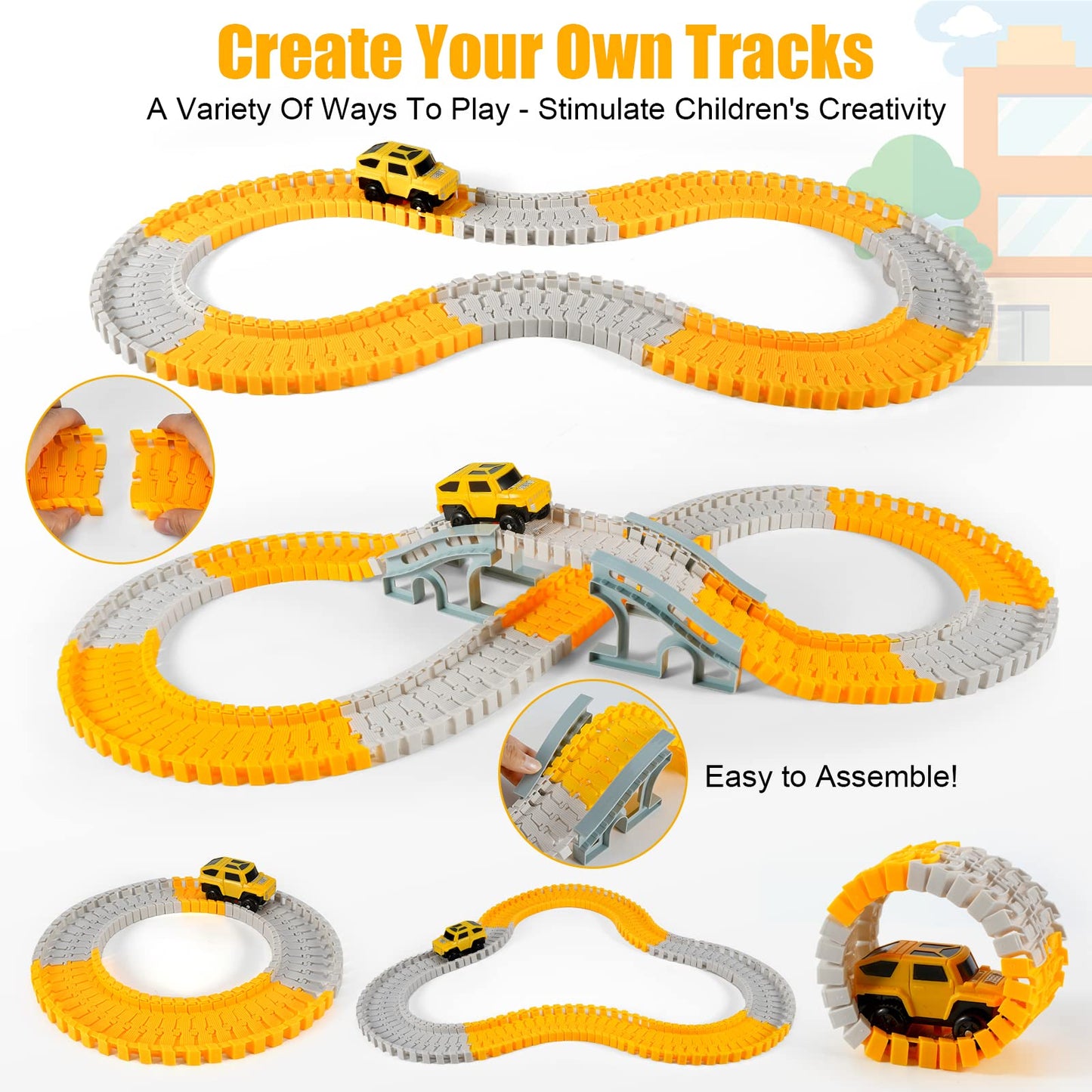 Kizplays 260 PCS Construction Race Tracks for Kids Toys, 2 Cars, 4 Construction Cars, 1 Map & Flexible DIY Track Set, Engineering Toys for 3 4 5 6 Year Old Boys Girls