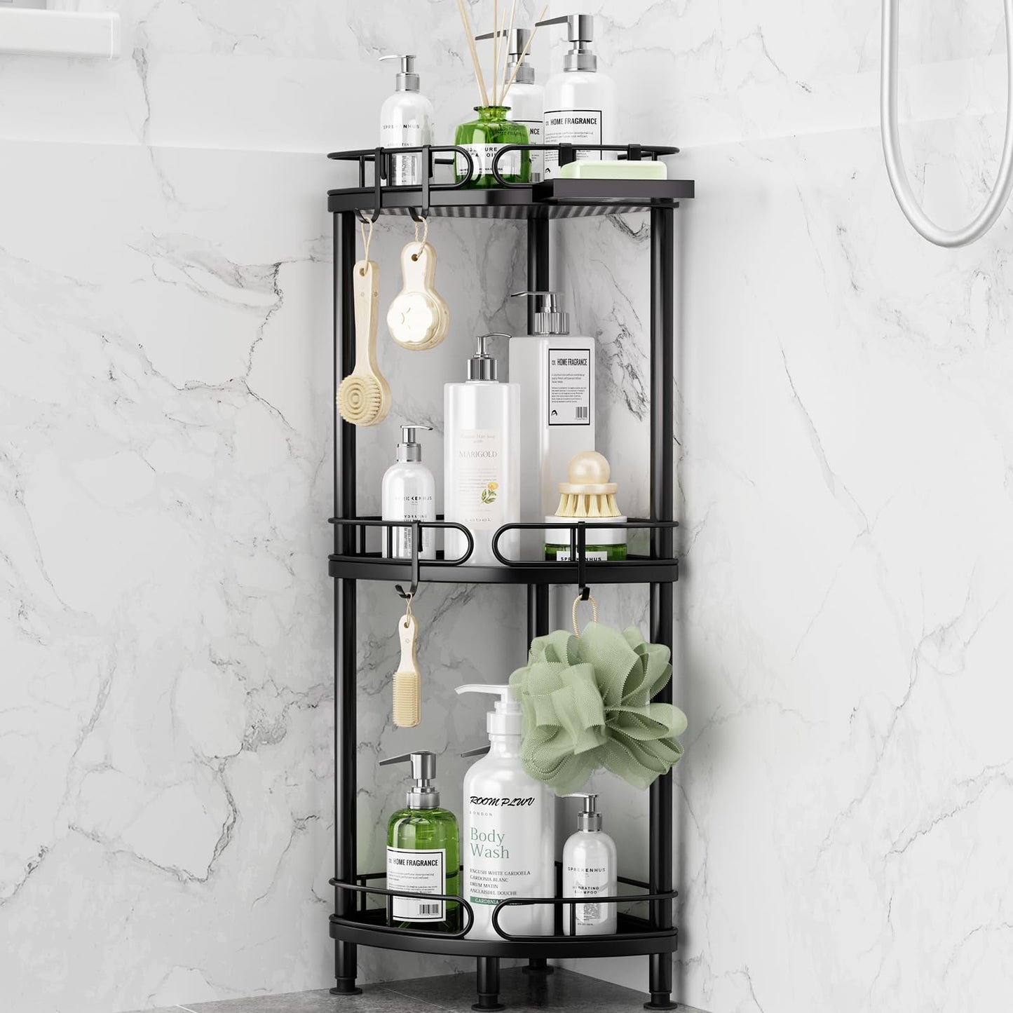 SWTYMIKI Shower Caddy Corner Standing - 3 Tier Rustproof Metal Corner Shower Caddy Stand with Soap Holder and 4 Hooks, Freestanding Floor Corner Shower Shelves Stand for Bathroom, Black