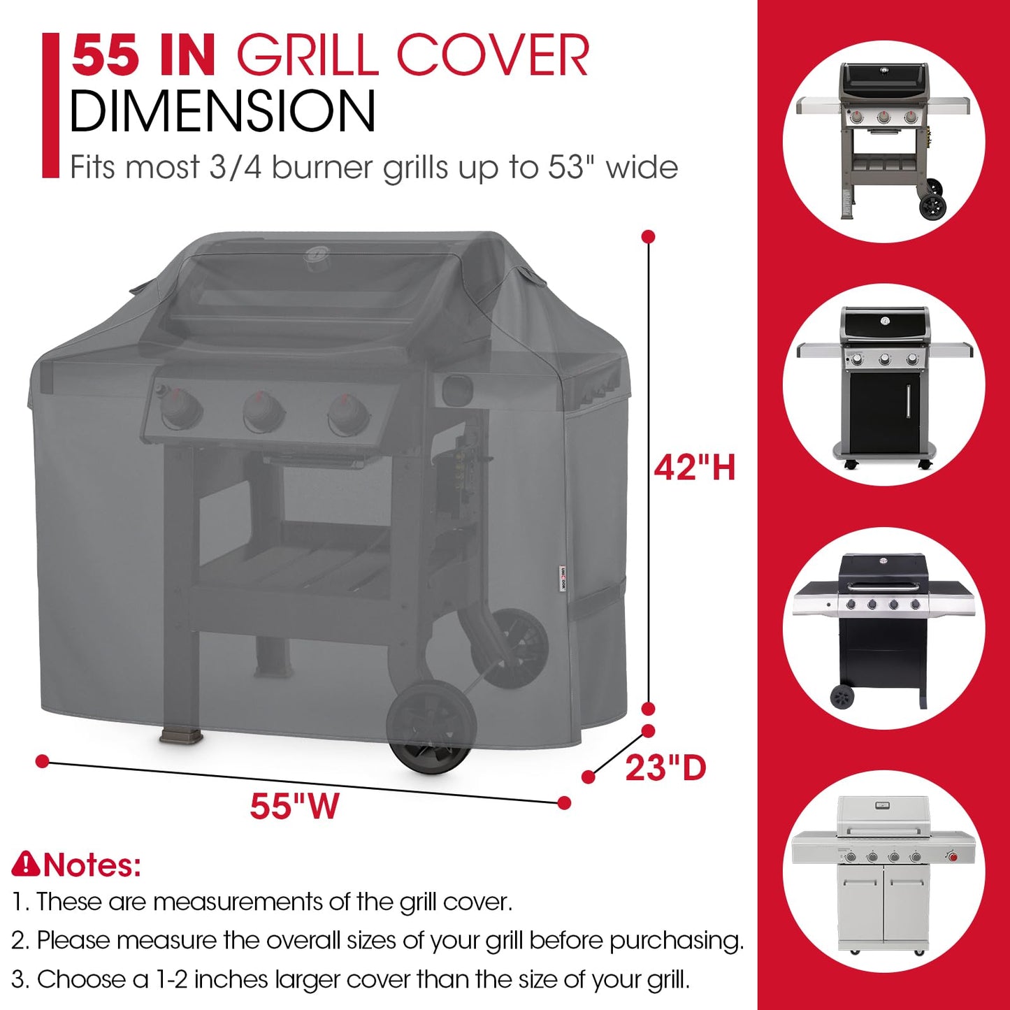 UNICOOK BBQ Cover 55 Inch, Waterproof Heavy Duty Barbecue Grill Cover, Outdoor Housse BBQ, Compatible for Weber, Char-Broil, Nexgrill, Brinkmann Barbecue, UV Resistant Material, Grey