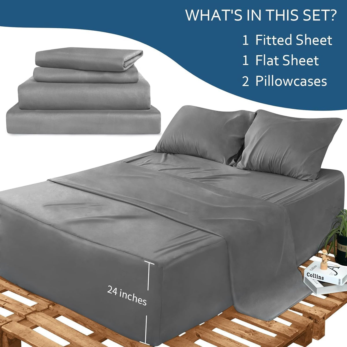 Deep Pocket Queen Sheet Set - 4 Piece Queen Size Bed Sheet Set, Fade Resistant Queen Sheet Set - Extra Deep Pocket Fitted Sheet,Fits 16in to 24in Pillow Top Air Bed Mattress