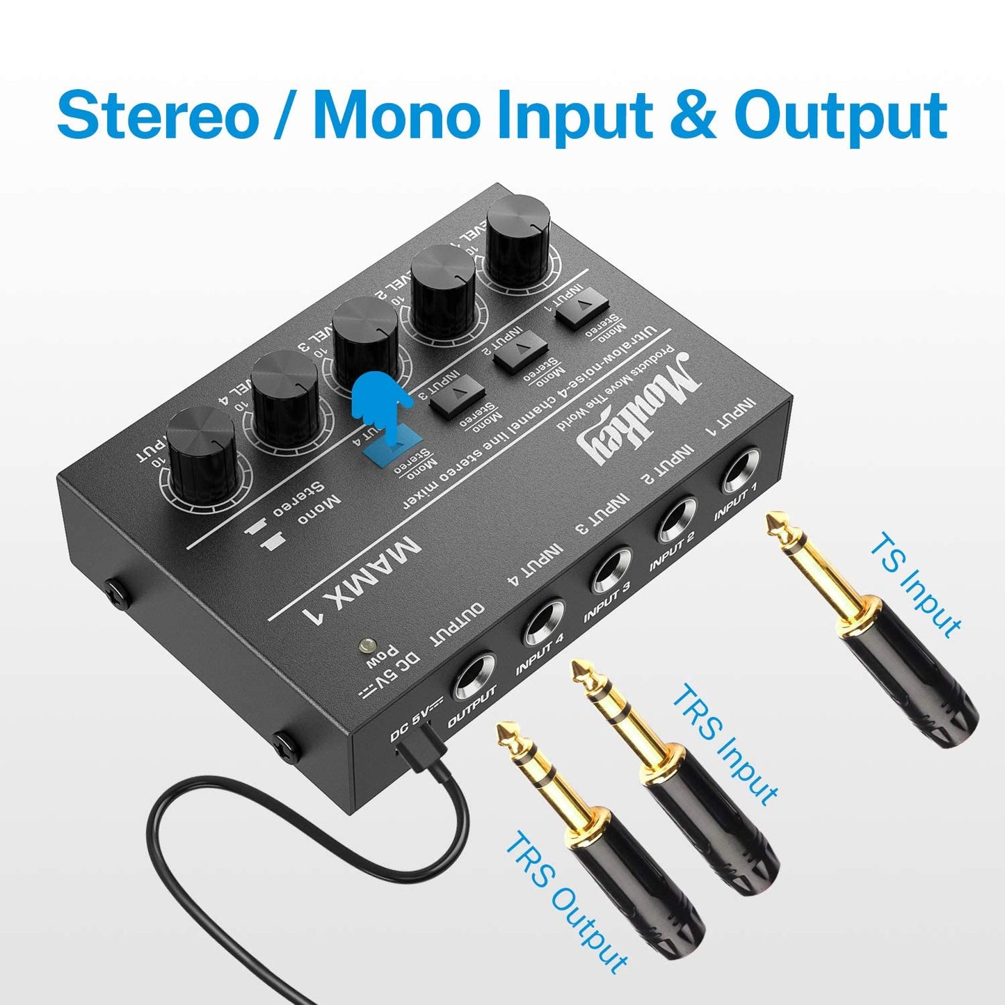 Moukey Stereo Mini Audio Mixer, Ultra Low-Noise 4-Channel Line Mixer for Sub-Mixing, DC 5V Audio Mixer with USB Cable, Ideal for Small Clubs or Bars, As Microphones, Guitars, Bass, Keyboards-MAMX1